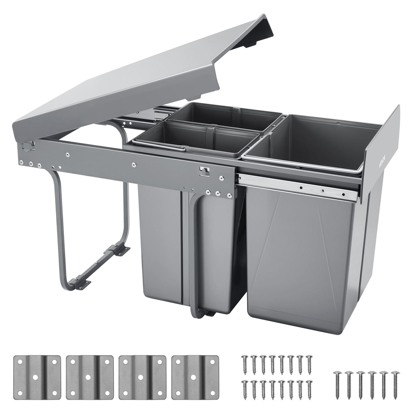 Vevor Pullout Trash Can For Kitchen Cabinets, 20+10+10l Double Under Sink Garbage Waste Recycling Bin, Under Mount Waste Container, With Heavy Duty Metal Full Extension Sliding System And Handle