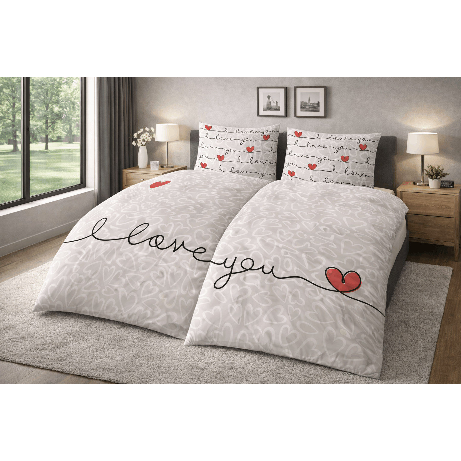 E-shop 4-teilige Partner Bettwäsche Love You – Mikrofaser Bettwäsche Set 135x200 cm – 2x Kissenbezüge 80x80 cm – Romantisches Herz Design – Weich,