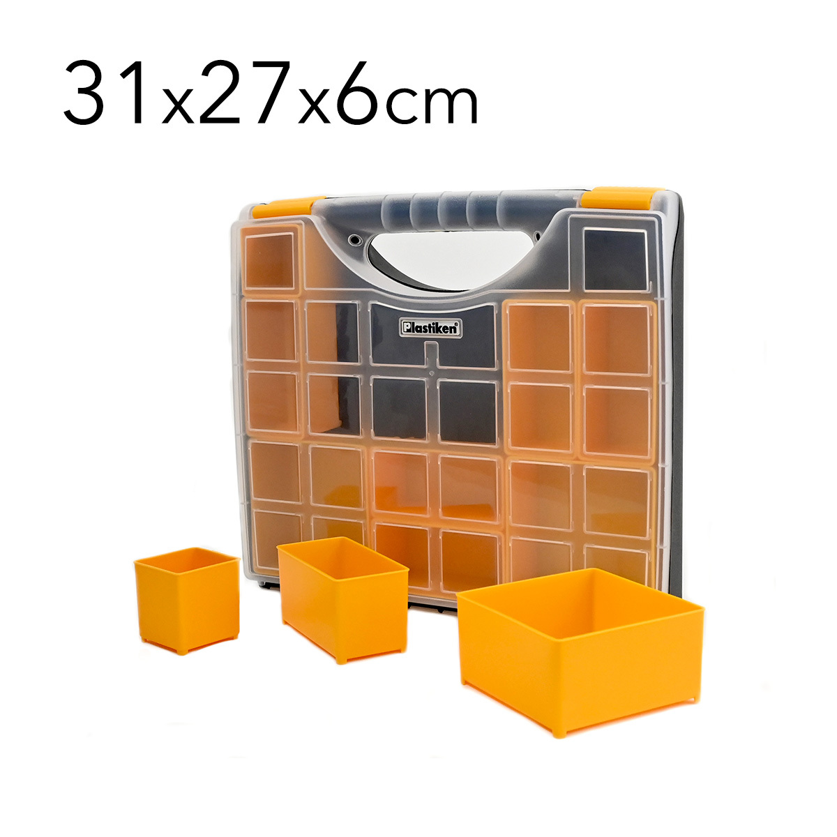 TEMU PLASTIKEN Organizador Cube 31cm de Plástico Resistente con Asa, Cierres de Seguridad y Cajoncitos Extraíbles 31x27x6cm - Para piezas pequeñas