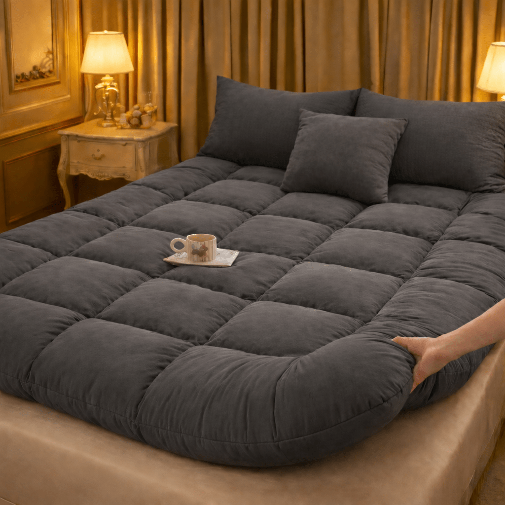 1pc Extra Thick Grey Mattress Topper, Overfilled with 10cm/ 4Inch Microfiber Filling with Deep Pocket, Plush Soft Pillow Top Mattress Topper Anti-Shift & Even Weight Distribution Single/Double/King/Super King All UK Bed Sizes