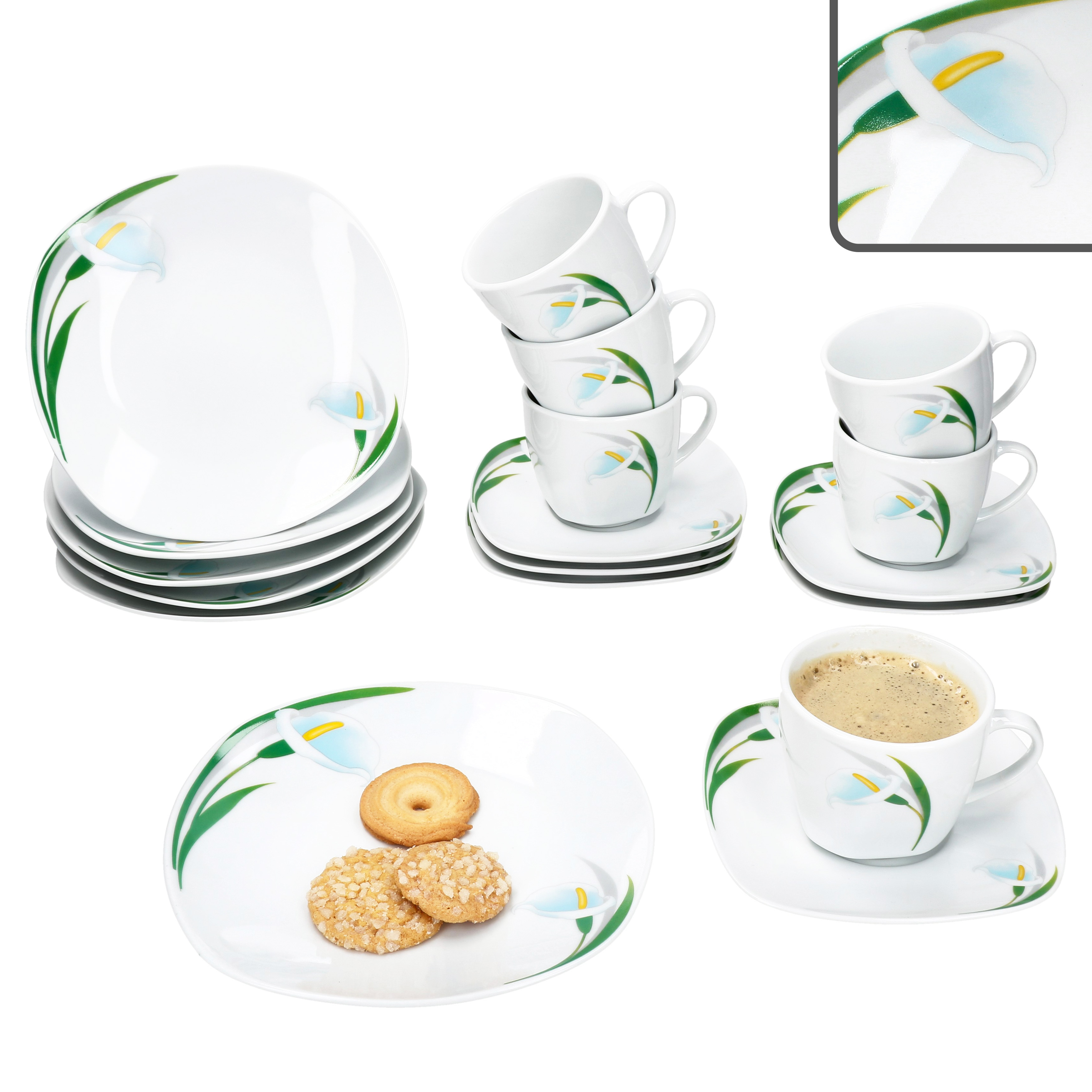 18pcs White Calla Porcelain Cups Saucers Plates With White Flowers