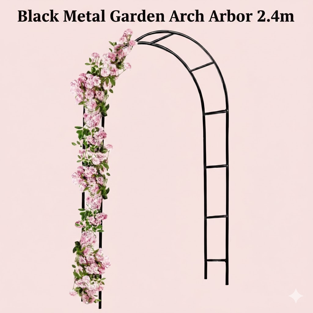 Metal Black Garden Arch   (2.4m) – Powder-Coated   Pergola for Climbing Plants, Roses, Weddings & Outdoor Decorations
