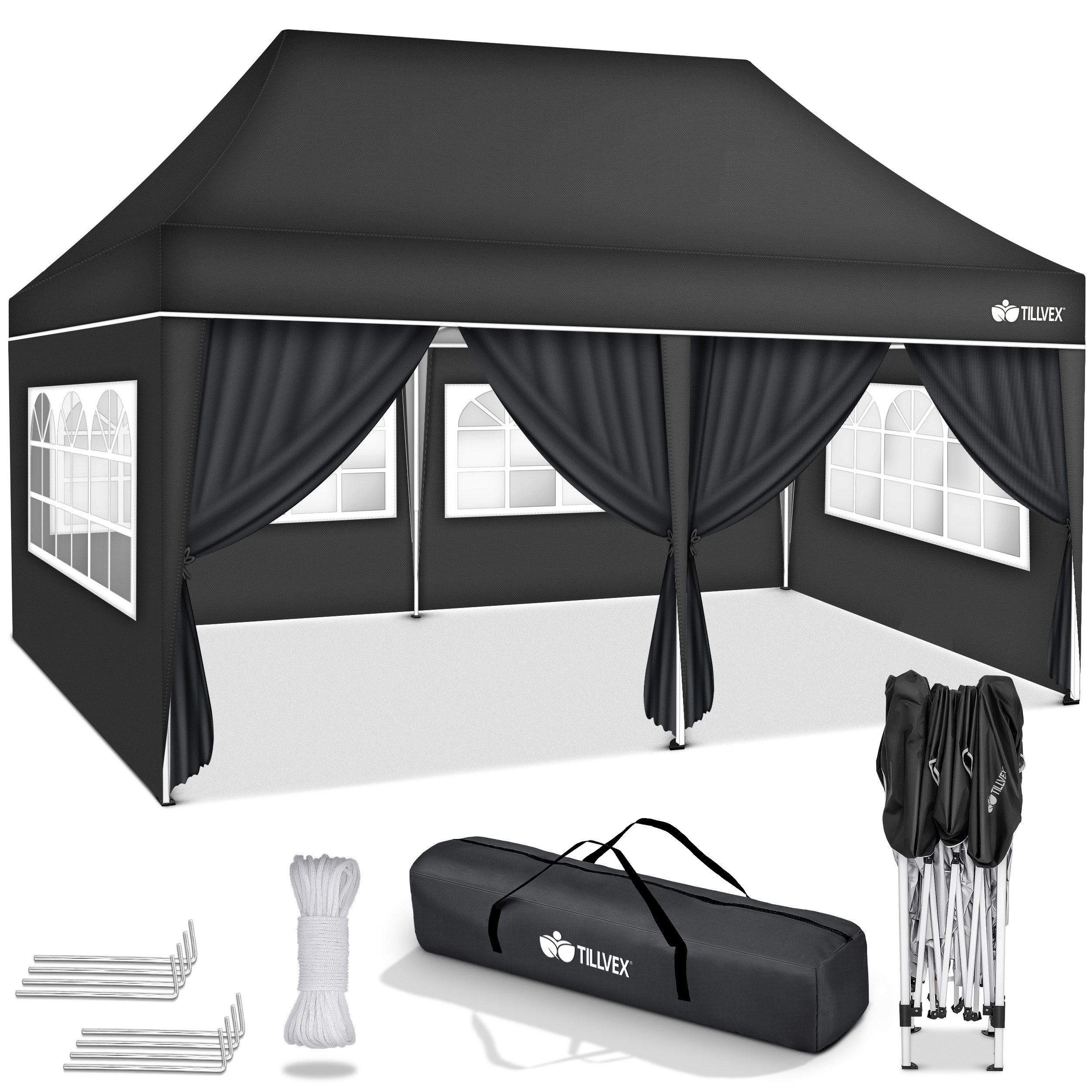 Tillvex® 3x6m Collapsible + 6x Sandbags | Pop-up Folding Height Adjustable, Winter-resistant | Garden Tent Stable With And Without Uv Protection 50+ | Waterproof Party Tent With Bag For Garden