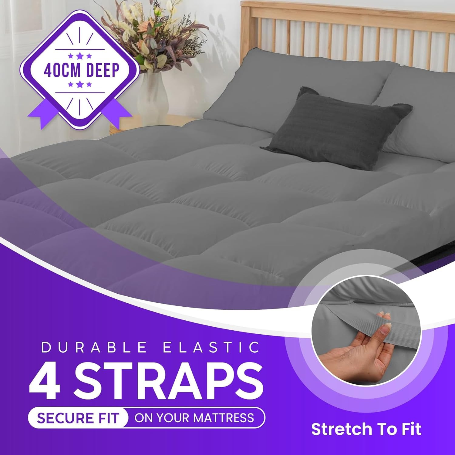 1pc Extra Thick Grey Mattress Topper, Overfilled with 10cm/ 4Inch Microfiber Filling with Deep Pocket, Plush Soft Pillow Top Mattress Topper Anti-Shift & Even Weight Distribution Single/Double/King/Super King All UK Bed Sizes