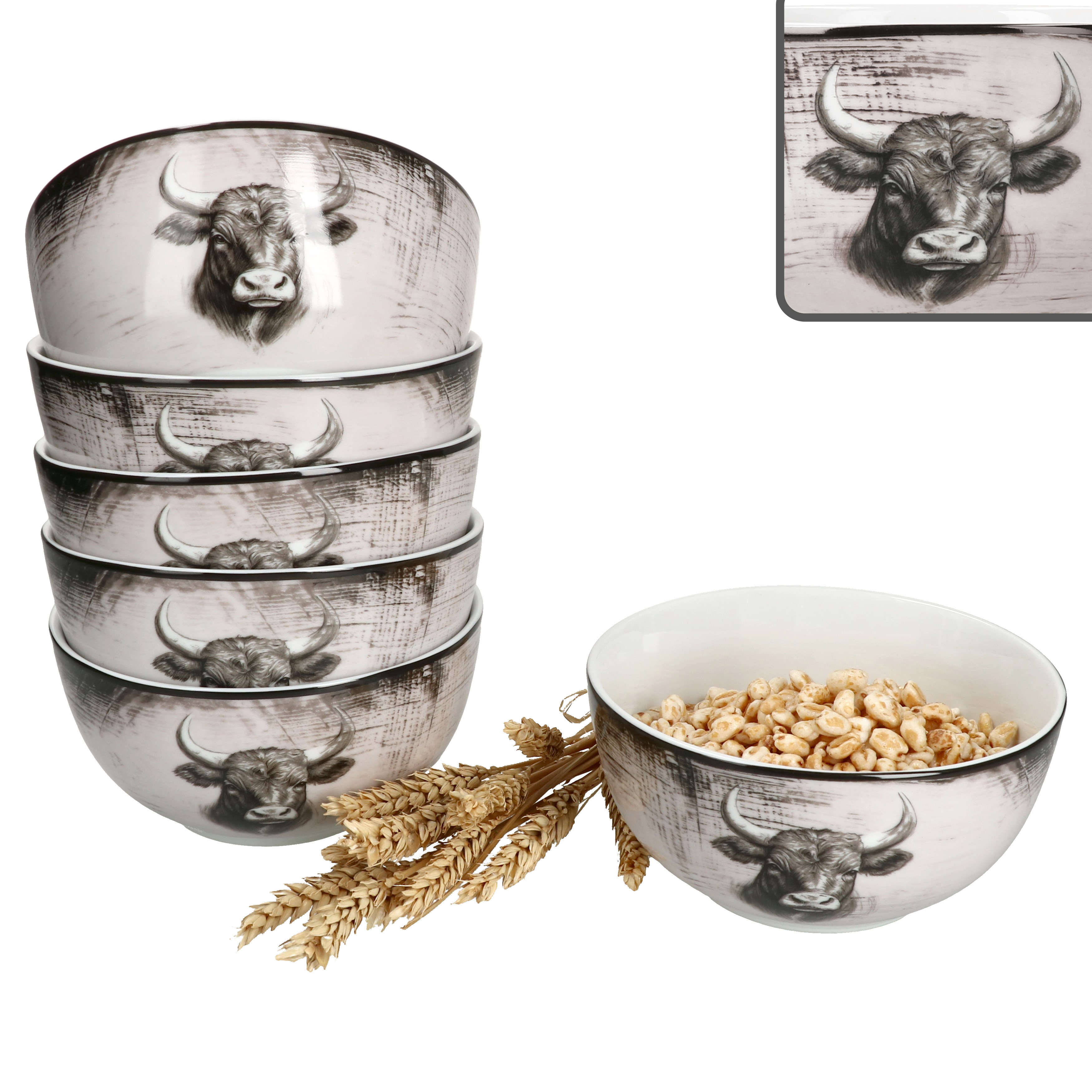 Image of 6-piece Bowls Set, Ø14.2cm, 460ml, Porcelain, For 6 People, Cow Country House Style