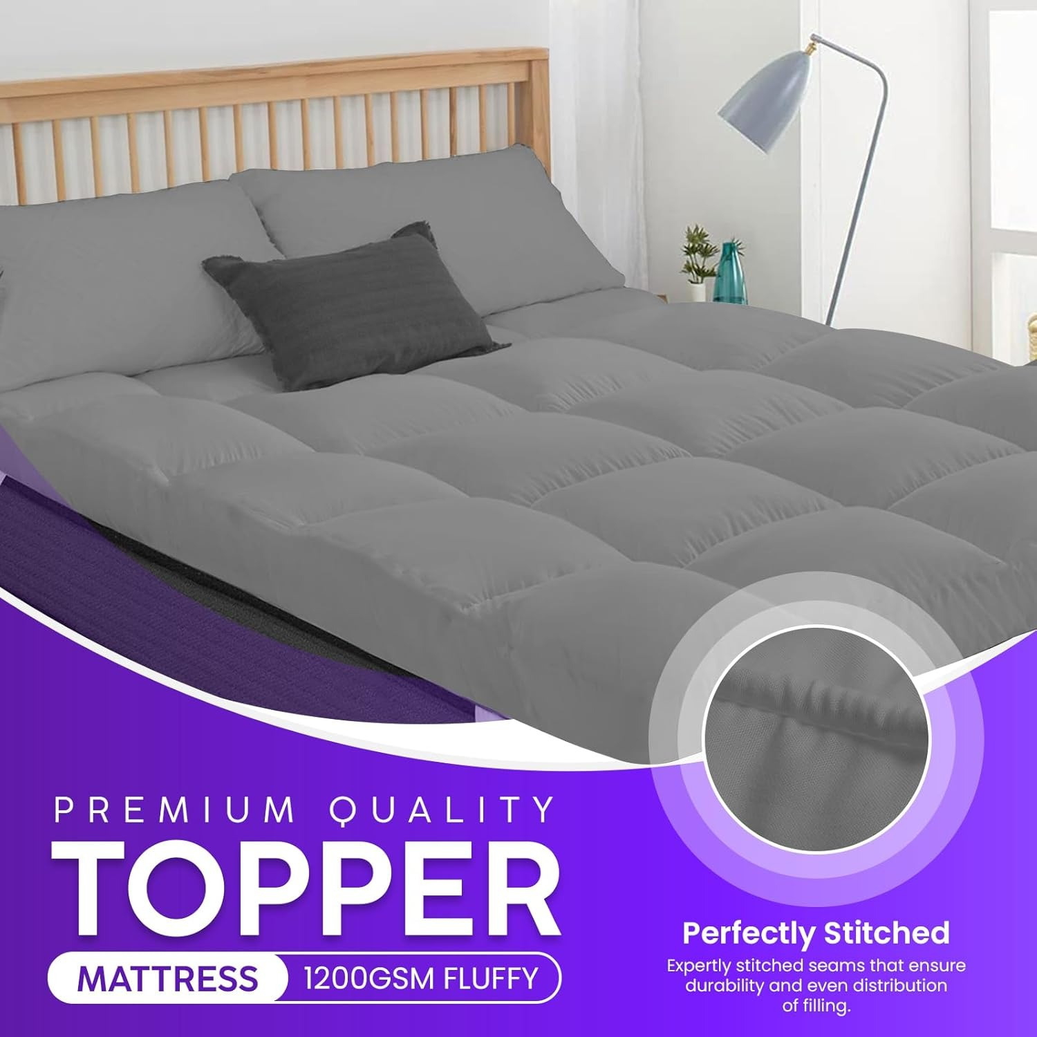 1pc Extra Thick Grey Mattress Topper, Overfilled with 10cm/ 4Inch Microfiber Filling with Deep Pocket, Plush Soft Pillow Top Mattress Topper Anti-Shift & Even Weight Distribution Single/Double/King/Super King All UK Bed Sizes