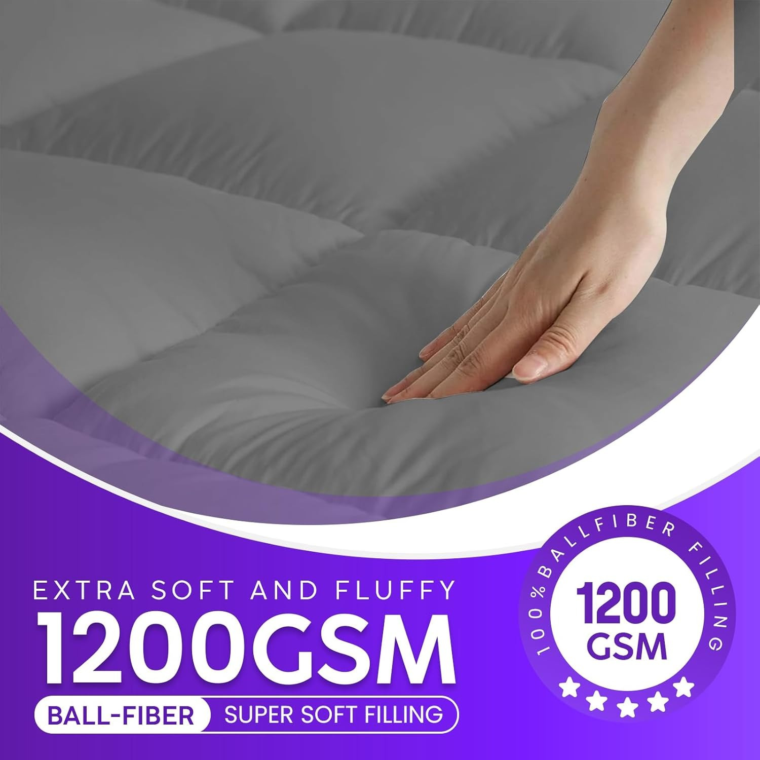 1pc Extra Thick Grey Mattress Topper, Overfilled with 10cm/ 4Inch Microfiber Filling with Deep Pocket, Plush Soft Pillow Top Mattress Topper Anti-Shift & Even Weight Distribution Single/Double/King/Super King All UK Bed Sizes