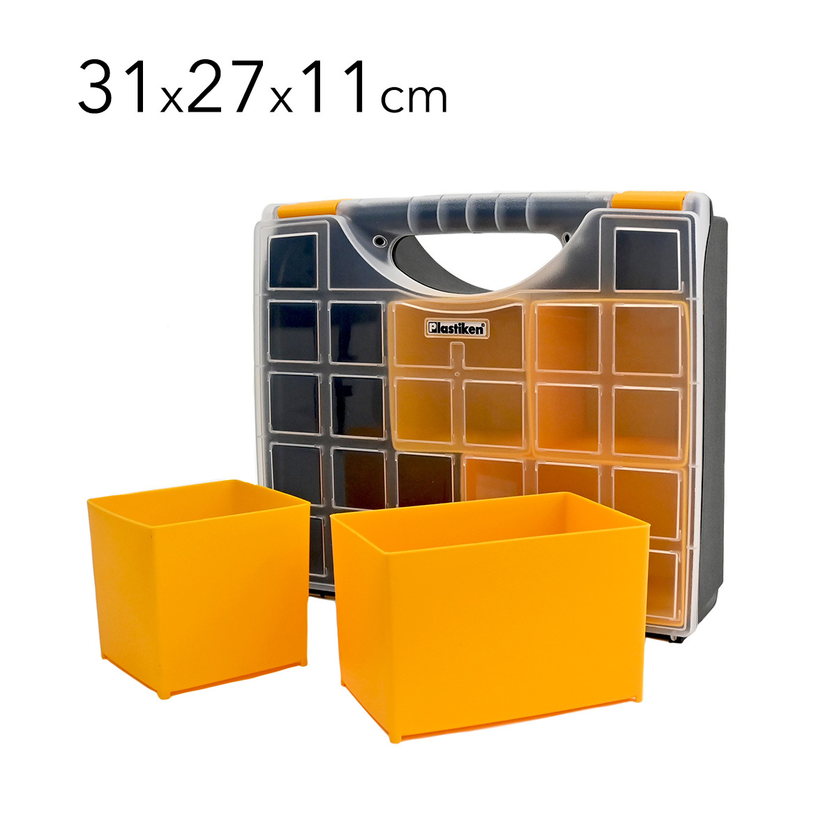 TEMU PLASTIKEN Organizador Cube Deep 31cm de Plástico Resistente con Asa, Cierres de Seguridad y Cajoncitos Extraíbles 31x27x6cm - Para piezas