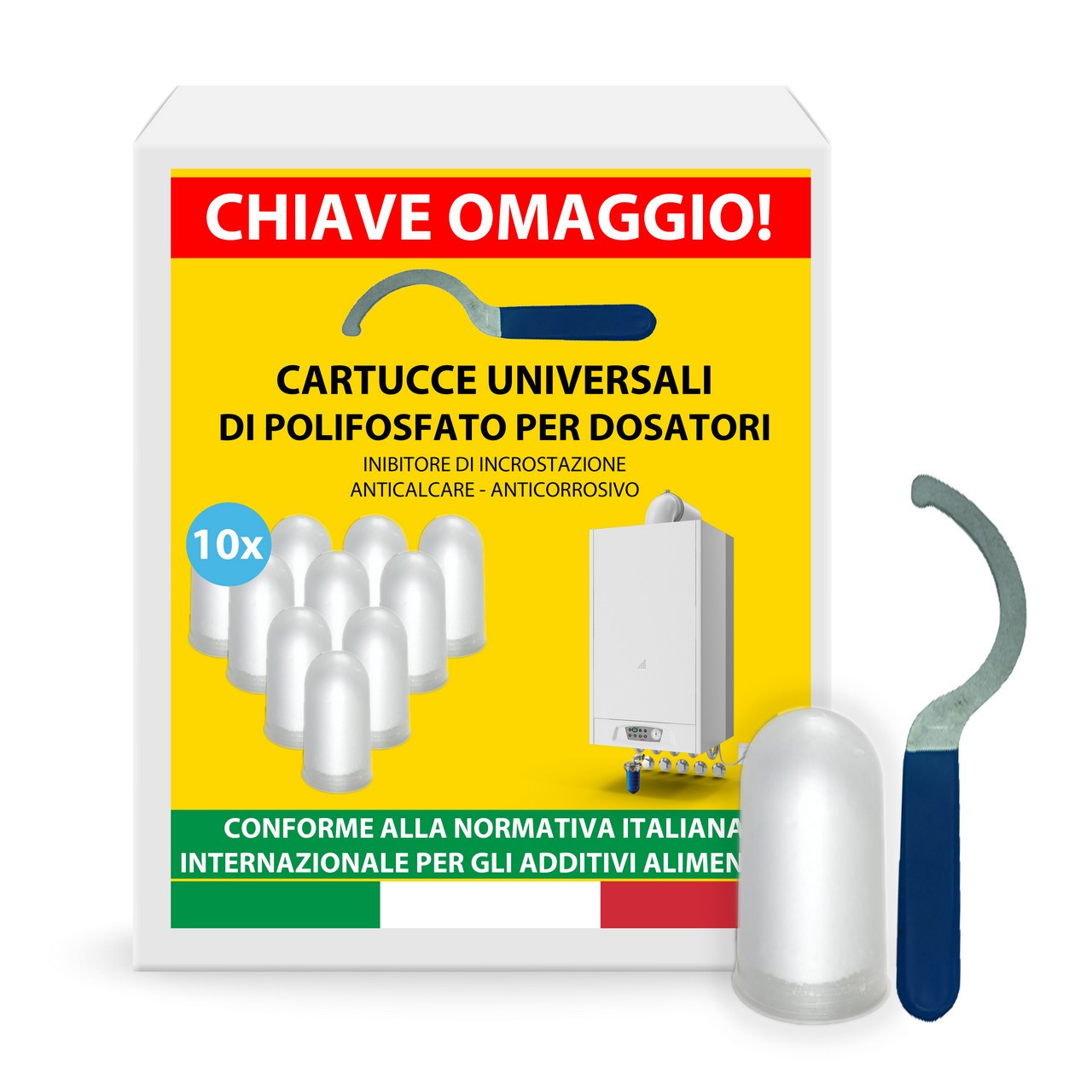 TEMU Polifosfati per Caldaia Ricarica 10 Pastiglie Anticalcare e Anticorrosione Con chiave in omaggio