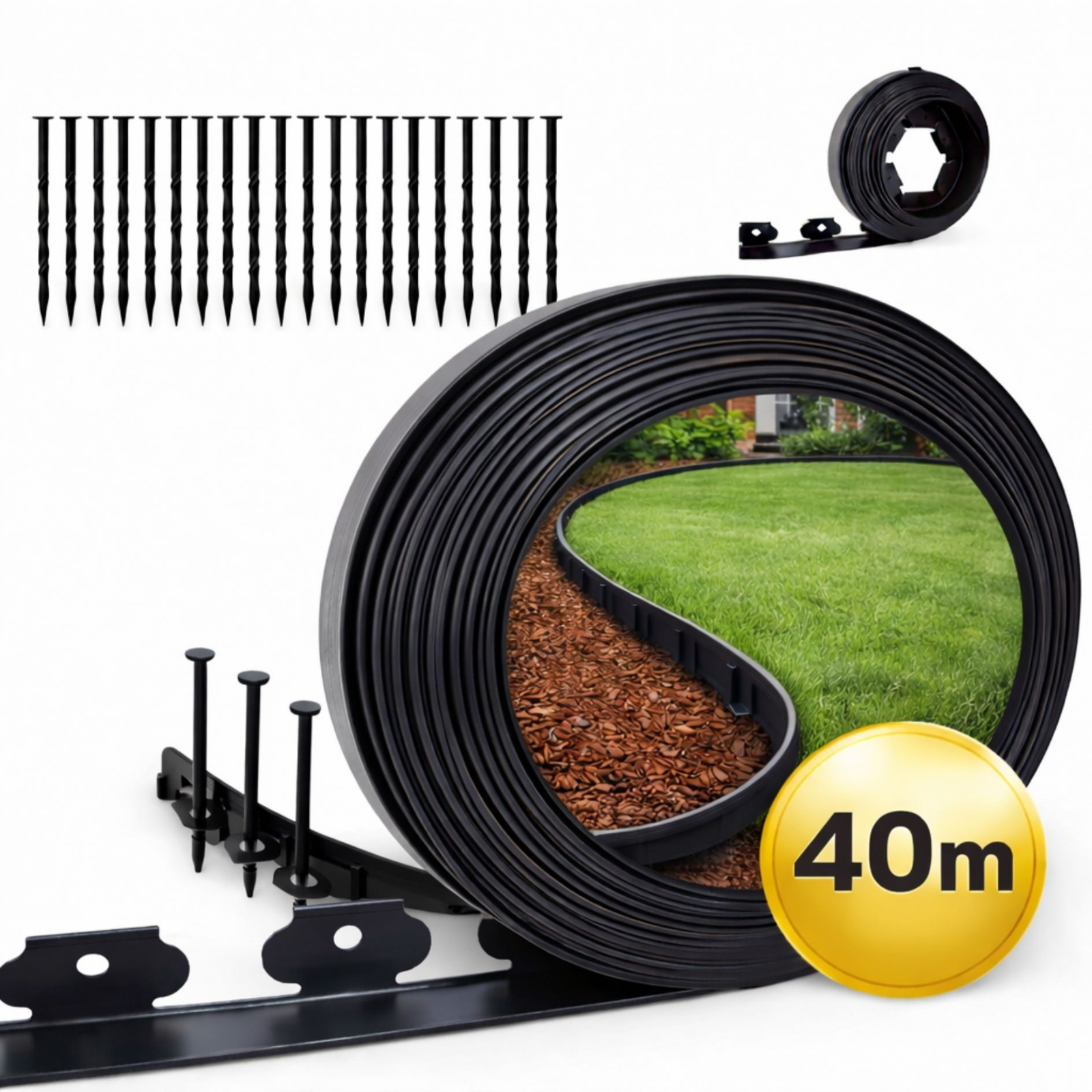 E-shop 40 m Rasenkante Flexible Gartenkante Höhe 4 cm Kunststoff Rasenbegrenzung Set mit Befestigungsnägeln Robuste Erdanker Schwarz Grasabtrennung