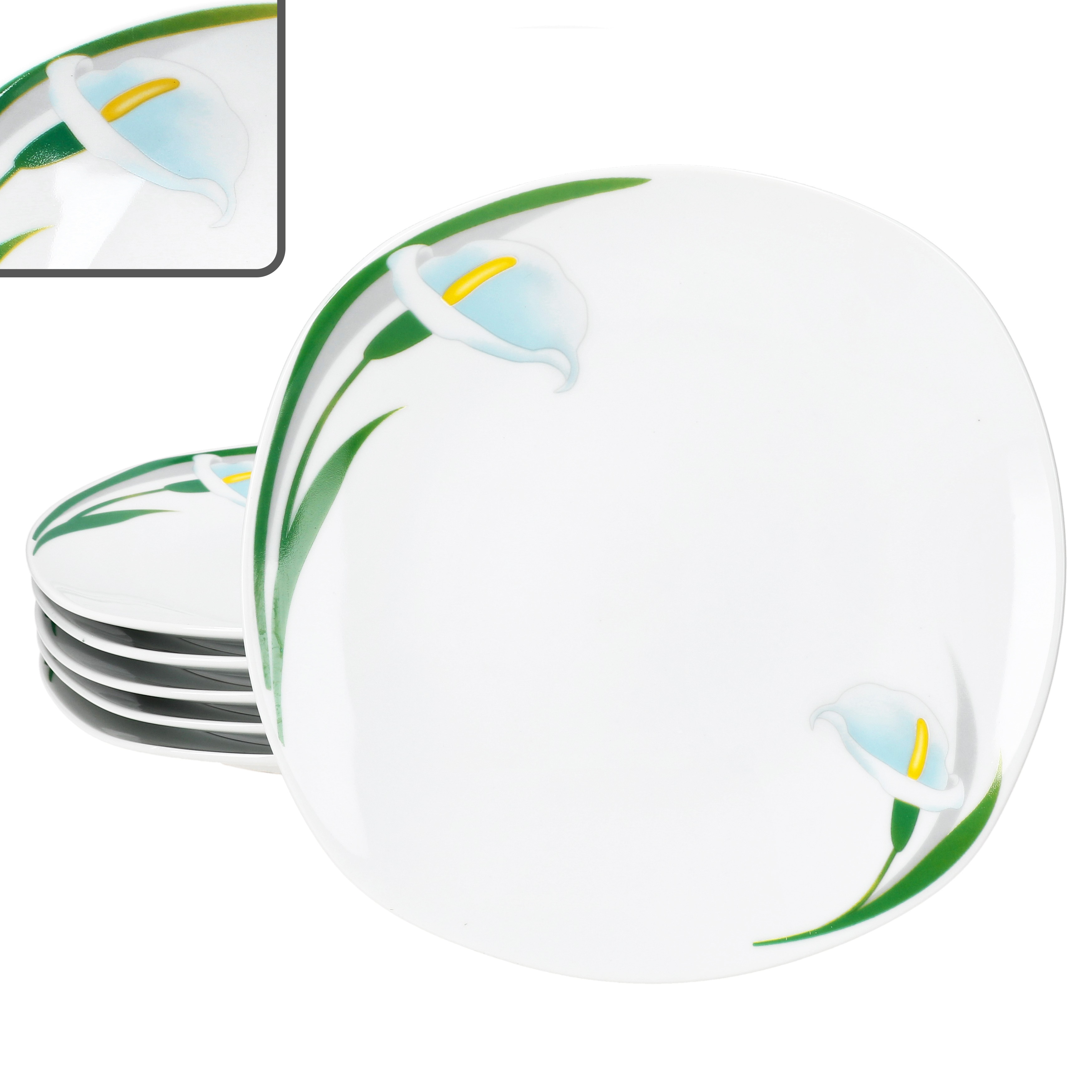 6x White Calla Porcelain Cake Plates For 6 People, Floral Tableware With White Flowers