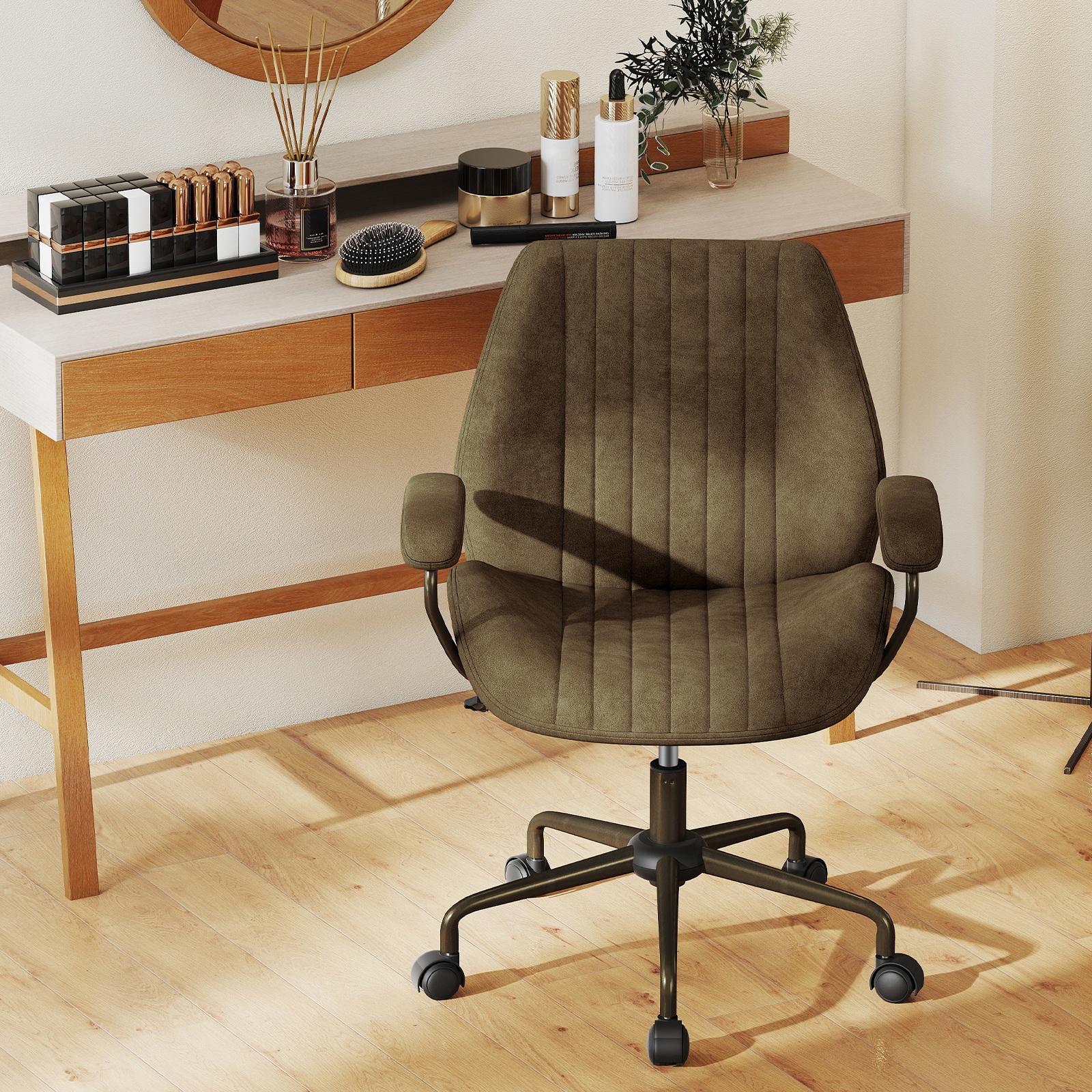 Office Chair, Swivel Computer Chair With Padded Armrests, Work Chair, Suede Fabric With Casters