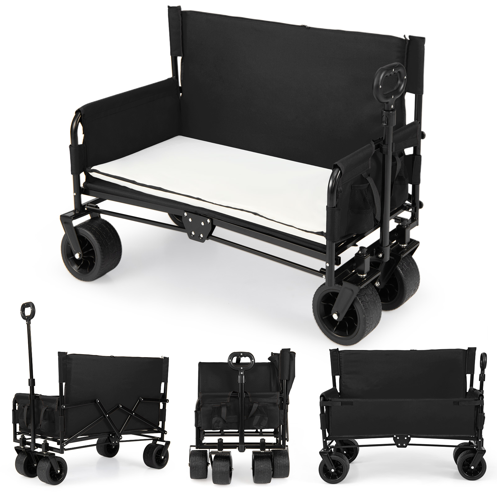 Folding Beach Cart With Bench, Transport Cart With Large All Terrain Wheels, Adjustable And Rotating Handle