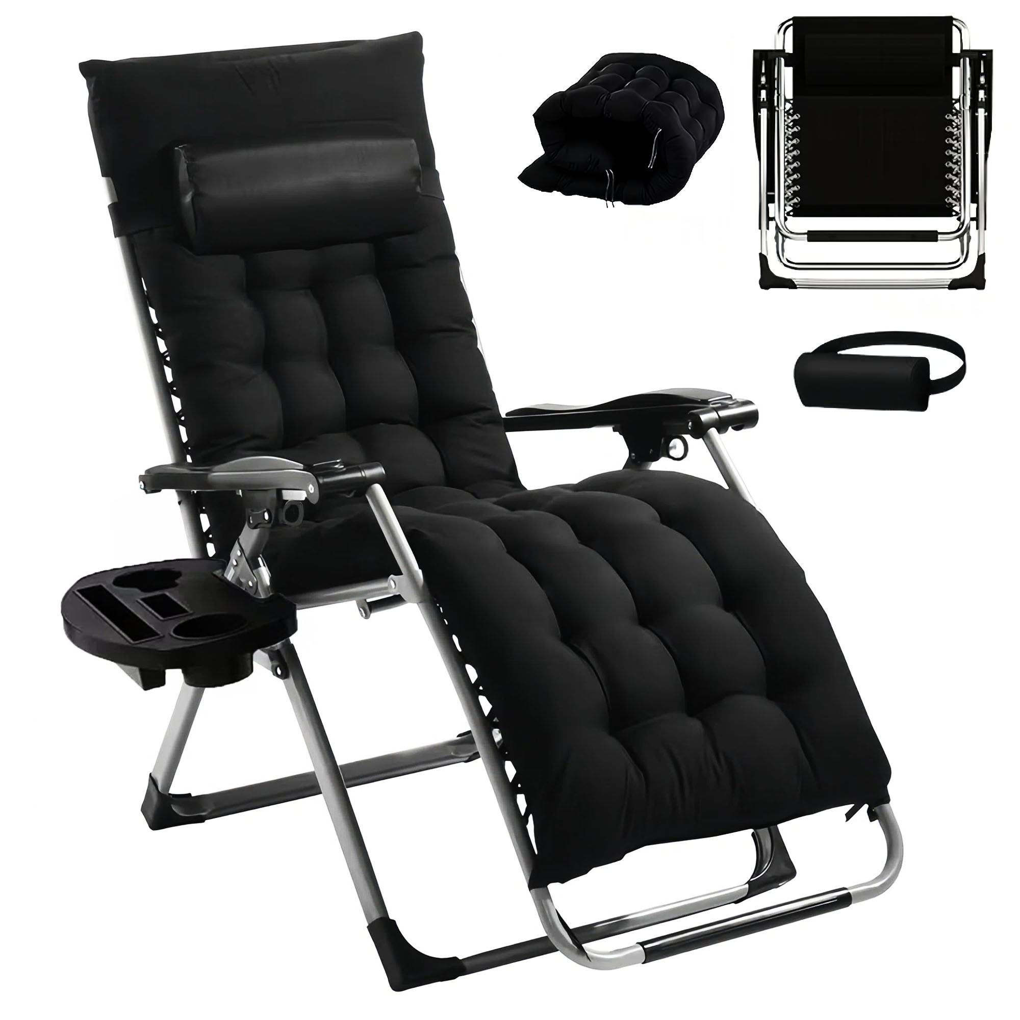 sillón reclinable de   extra ancho 72cm/28pulgadas, tumbona plegable para sol, sillón de cubierta, tumbona plegable para patio exterior con cojín y reposacabezas removibles, chaise lounge portátil para bronceado con portavasos, para patio-jardín-playa-piscina