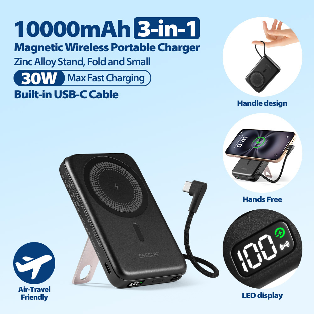 E-shop ENEGON Magnetische Powerbank, 10000 Wireless Ladegerät, Zinklegierungsständer, 30W Max Schnellladung, Eingebautes USB-C Kabel & Ständer, für