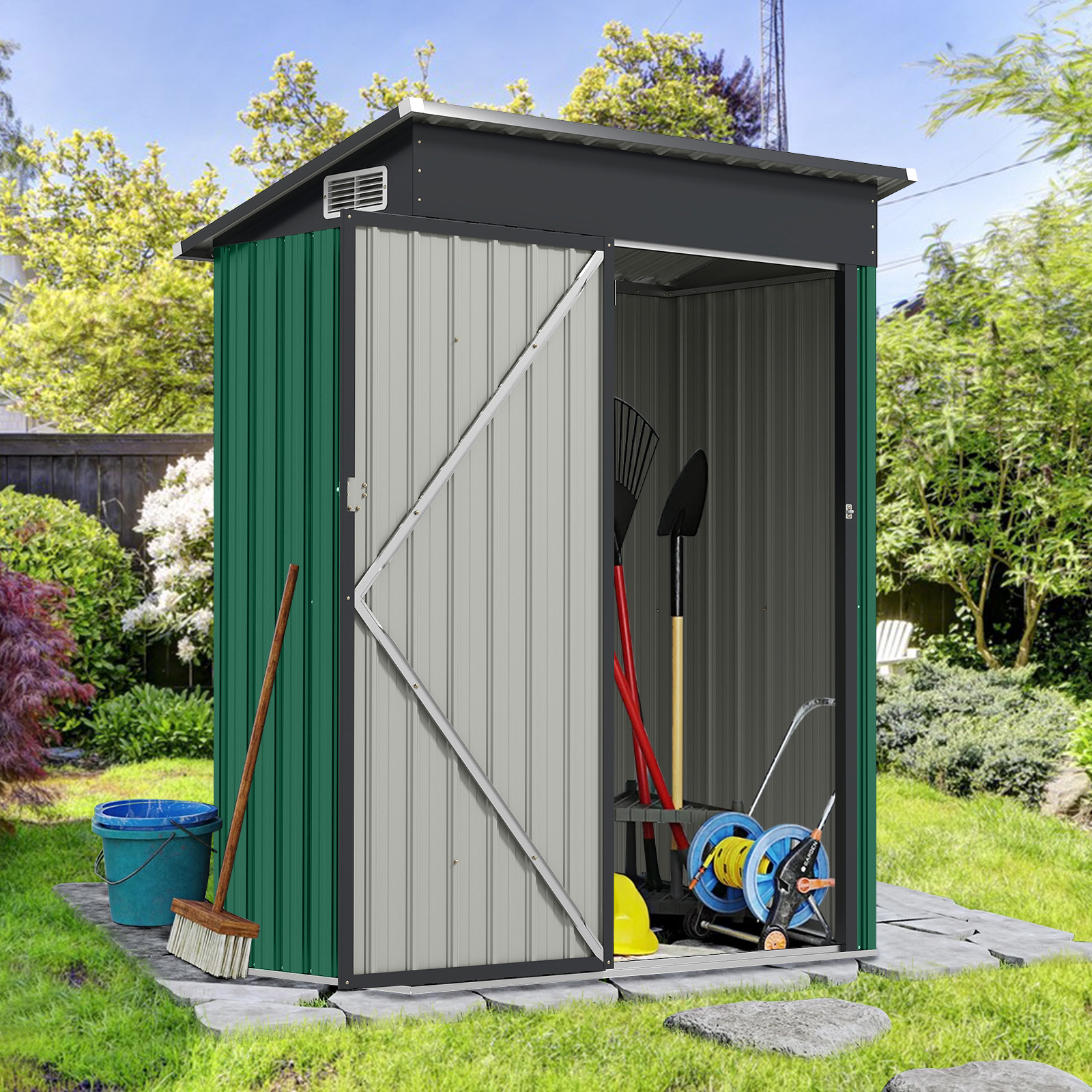 Image of Storage Shed, House W/top Design, Opening Door, Air Vents, Galvanized Metal Frame, Tool Shed Organizer For Garden, Backyard, Lawn, Patio, 150 (l) X 88 (w) X 185 (h) Cm