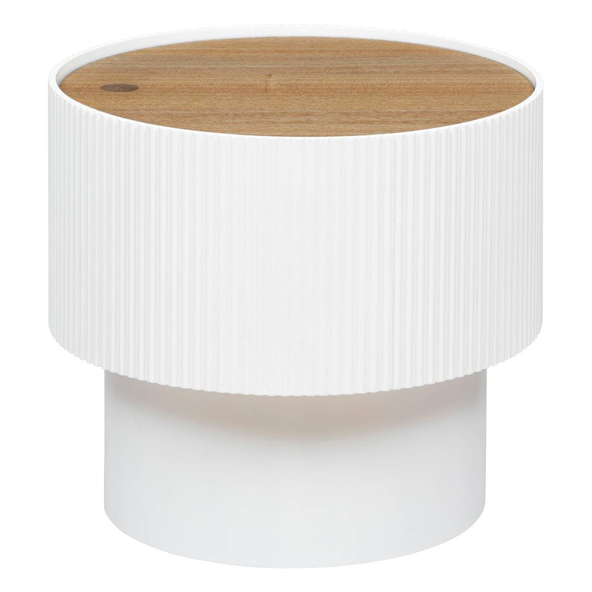Low Coffee Table With Storage - White And Wood - D 38.5 X H 35 Cm, Cannelé Design - For Living Room, Bedroom