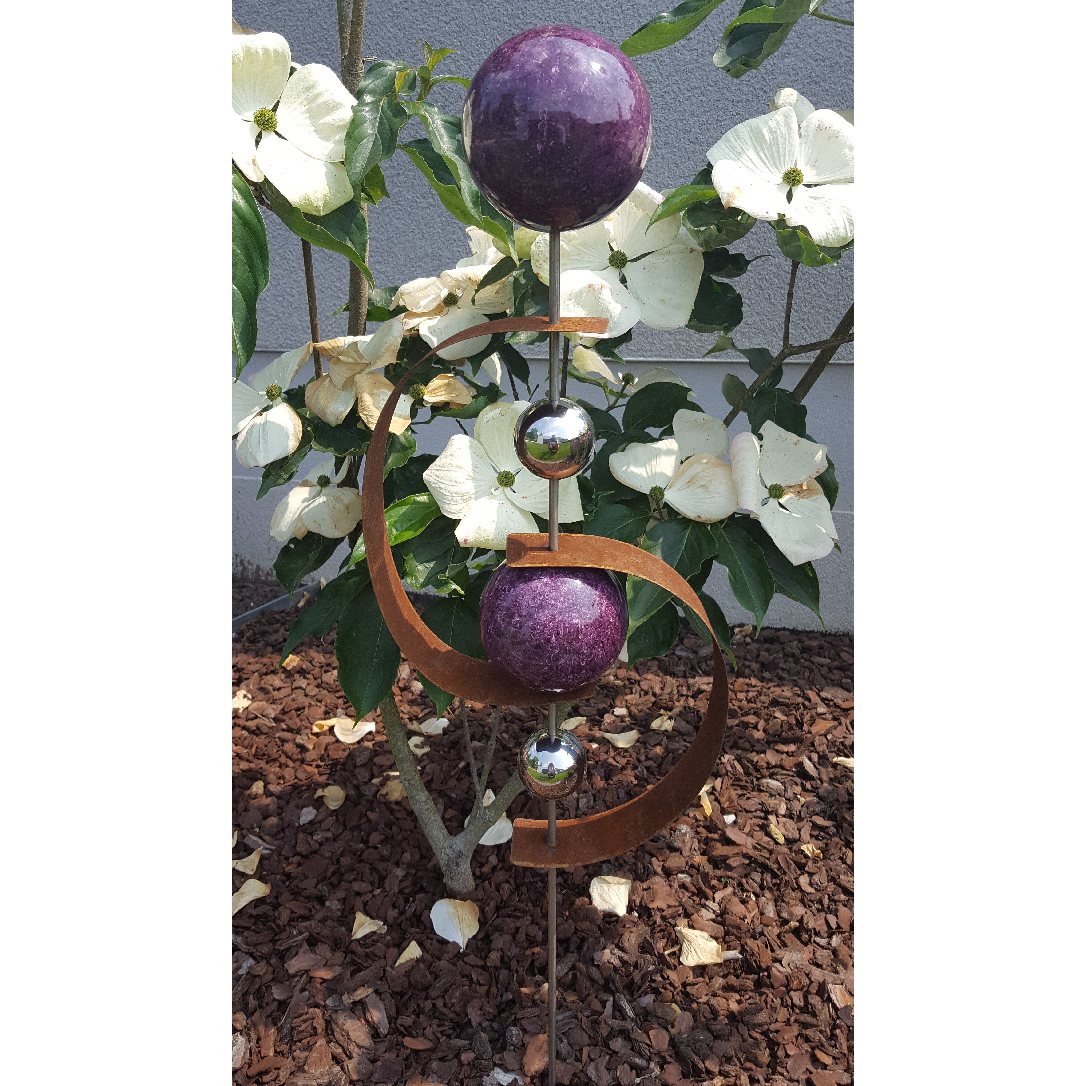 Image of Helike 95 Cm Corten Steel Garden Stake Sculpture - Decorative Garden Stake, Terrace Decoration, Flower Decor, Ornamental Ball, Garden Ornament, Bed Decoration, Trellis, Rustic Steel, Brown