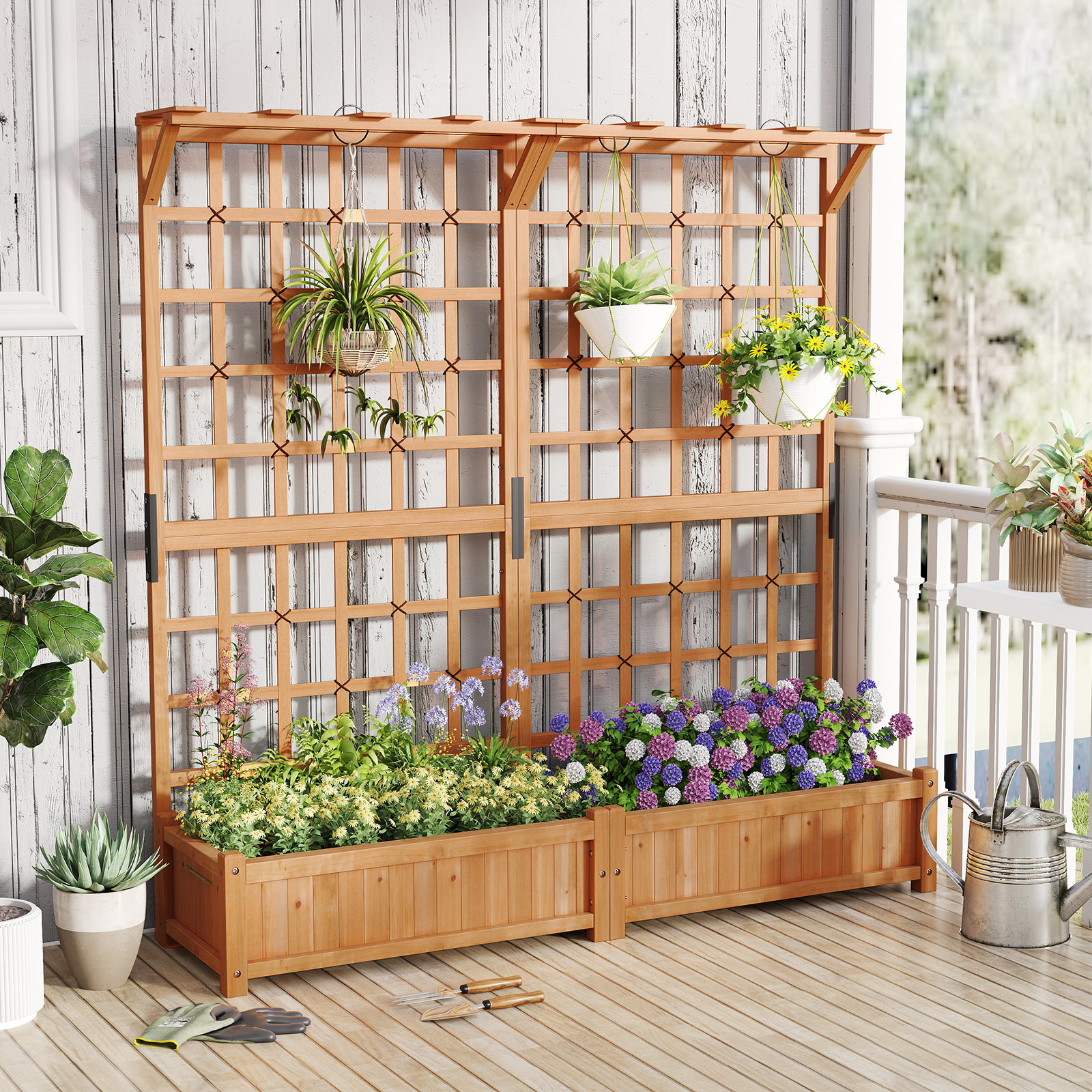 Image of Tall Large Raised Garden Bed With Lattice Trellis, Hanging Roof, Drainage Holes, Elevated Wooden Planter Box