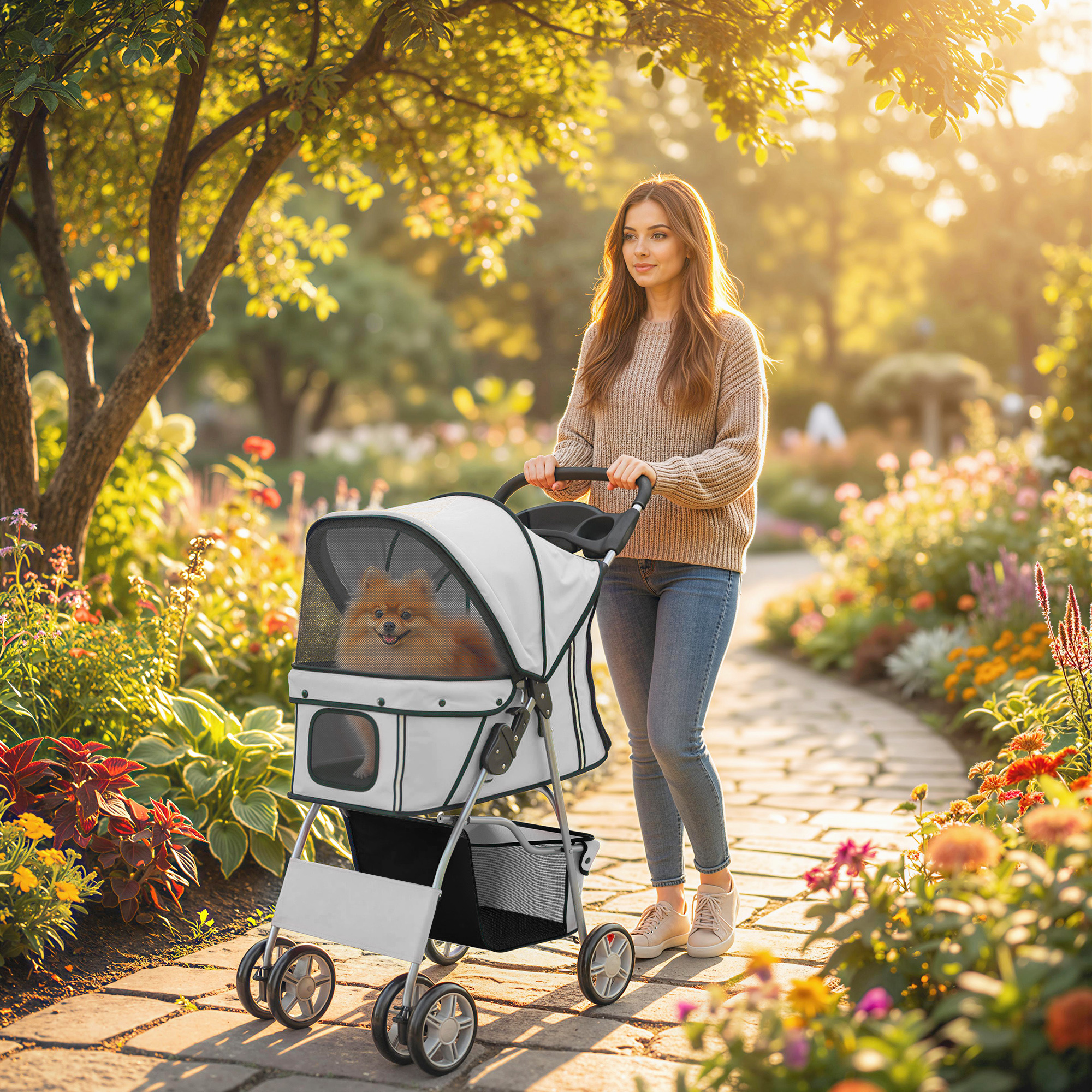 Image of Foldable Dog Stroller Buggy, Cat Stroller Up To 10kg With Reflective Strips, Storage Basket, Washable Cushion, Mesh Windows, Cup Holders, Wheels With Brake For Small Dogs, Grey