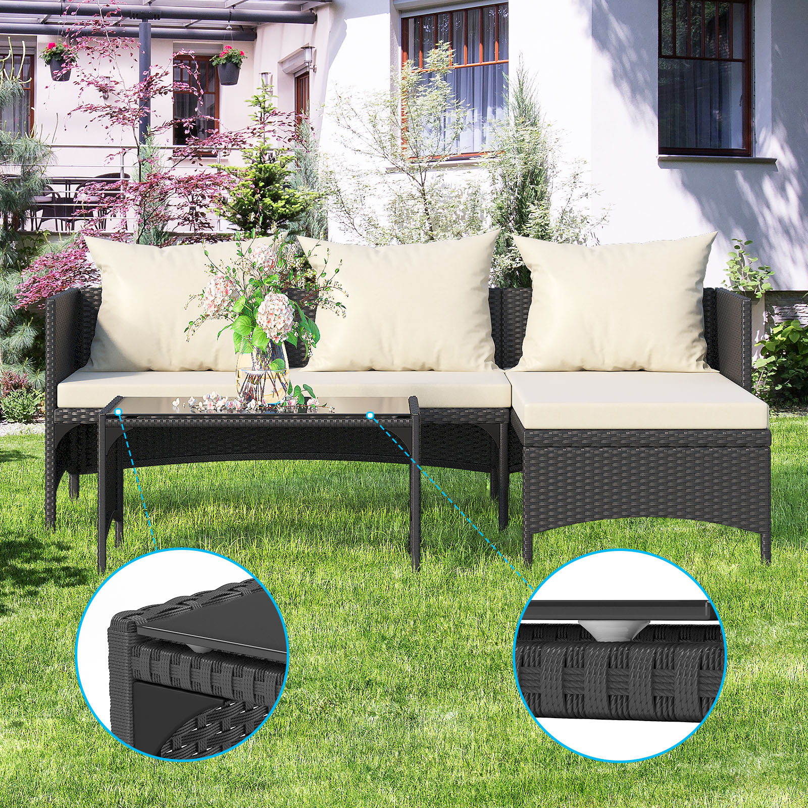 juego de muebles de patio de 3 piezas  , sofás de mimbre de ratán para exterior con   y cojines