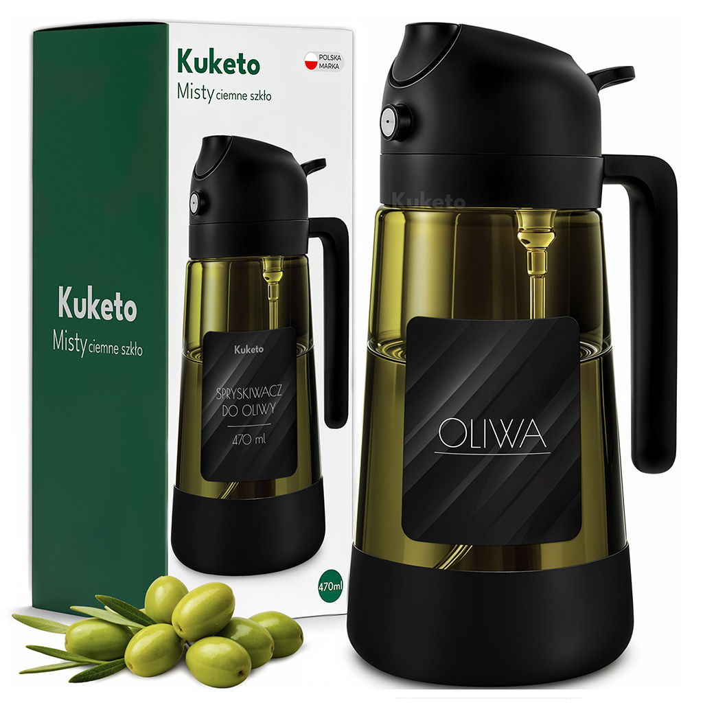 E-shop Kuketo - Grüner Ölsprüher 470 ml, Kuketo Glas-Spender mit Griff und Messmarkierungen, Ölflasche mit Sprühdüse, Zubehör für Heißluftfritteusen,
