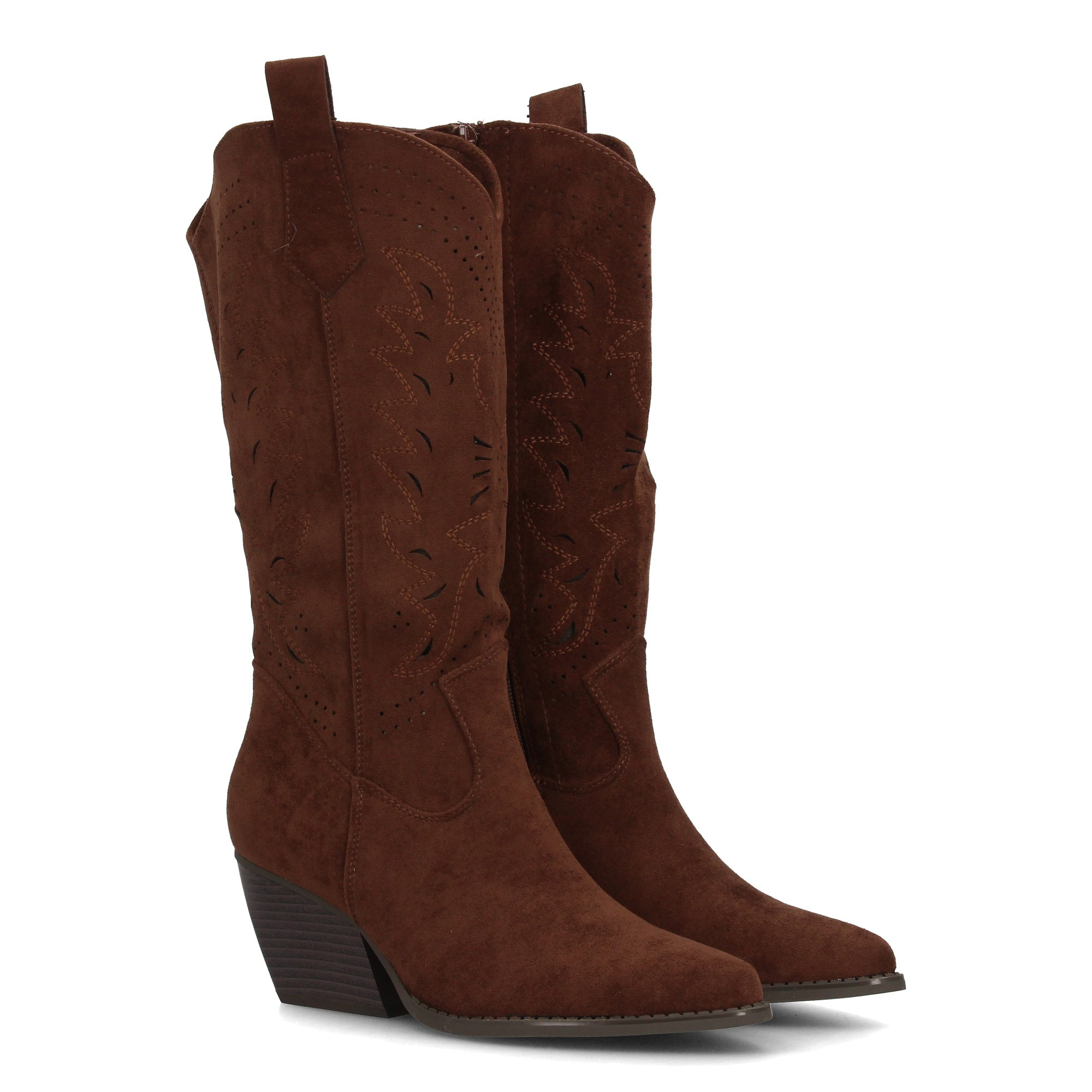 Image of High-heeled Women's Cowboy-style Boot With Decorative Perforated Design, Fine Tip And Western-style Heel, Perfect For Mid-season, Ideal For Daily Use And Summer.