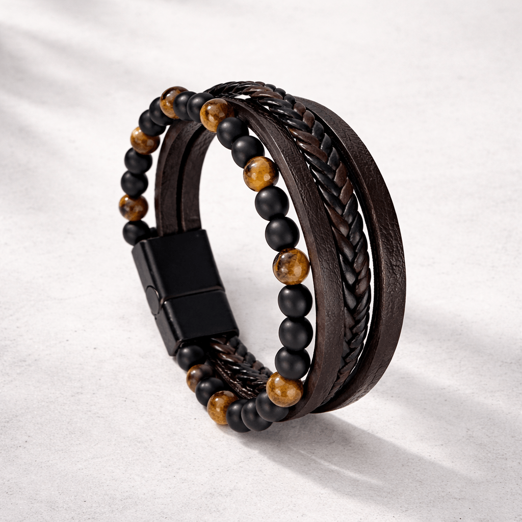 Men's Vegan Leather Cuff With Natural Stones – Stainless Steel Magnetic Clasp, Multi-layered Wraparound Bracelet , 's Gift