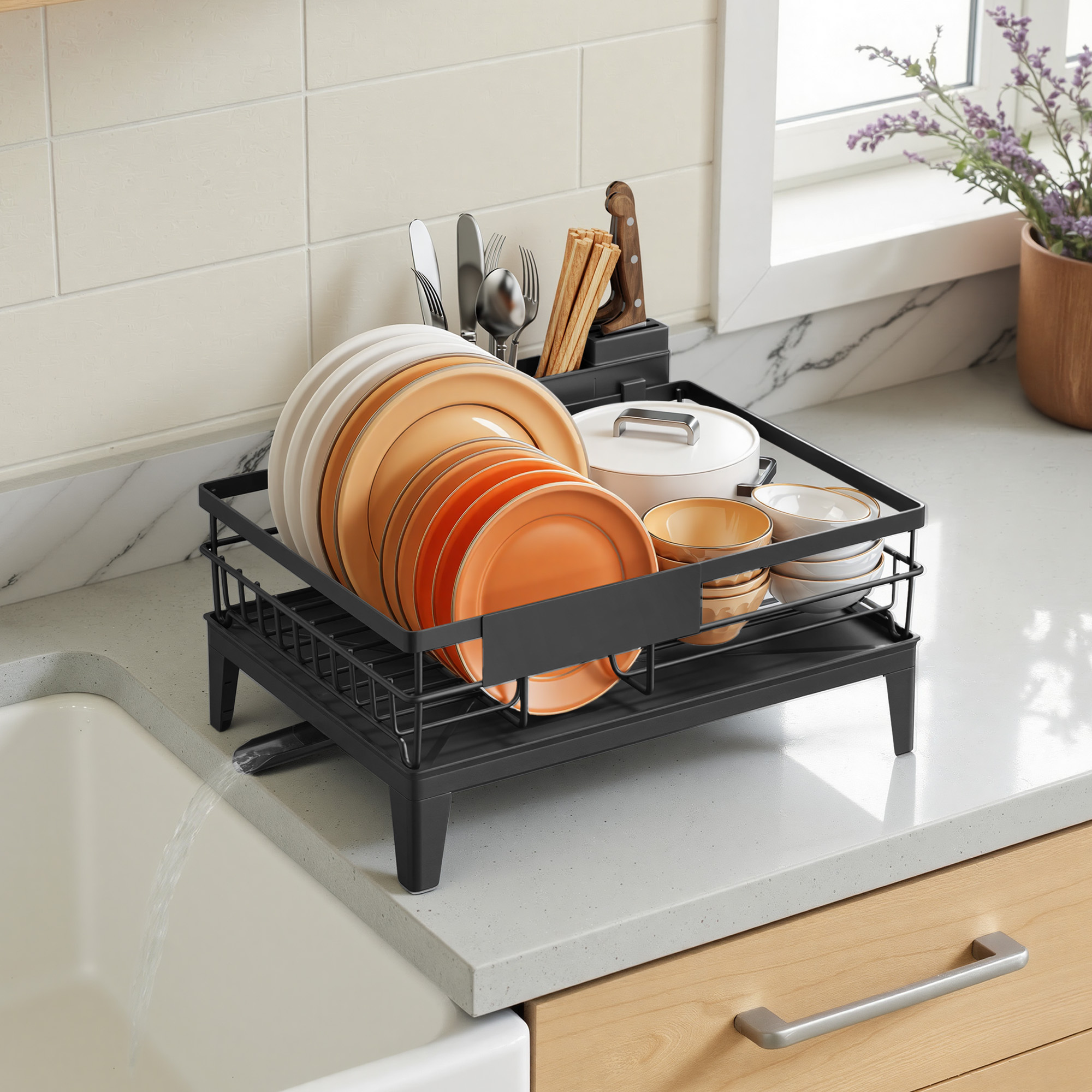 Storage Cutlery Holder, 31 X 42 X Cm, Kitchen Drain Stand, Dish Drain Stand, 360° Rotatable And Retractable, Drip Tray, Cutlery Holder, Kitchen