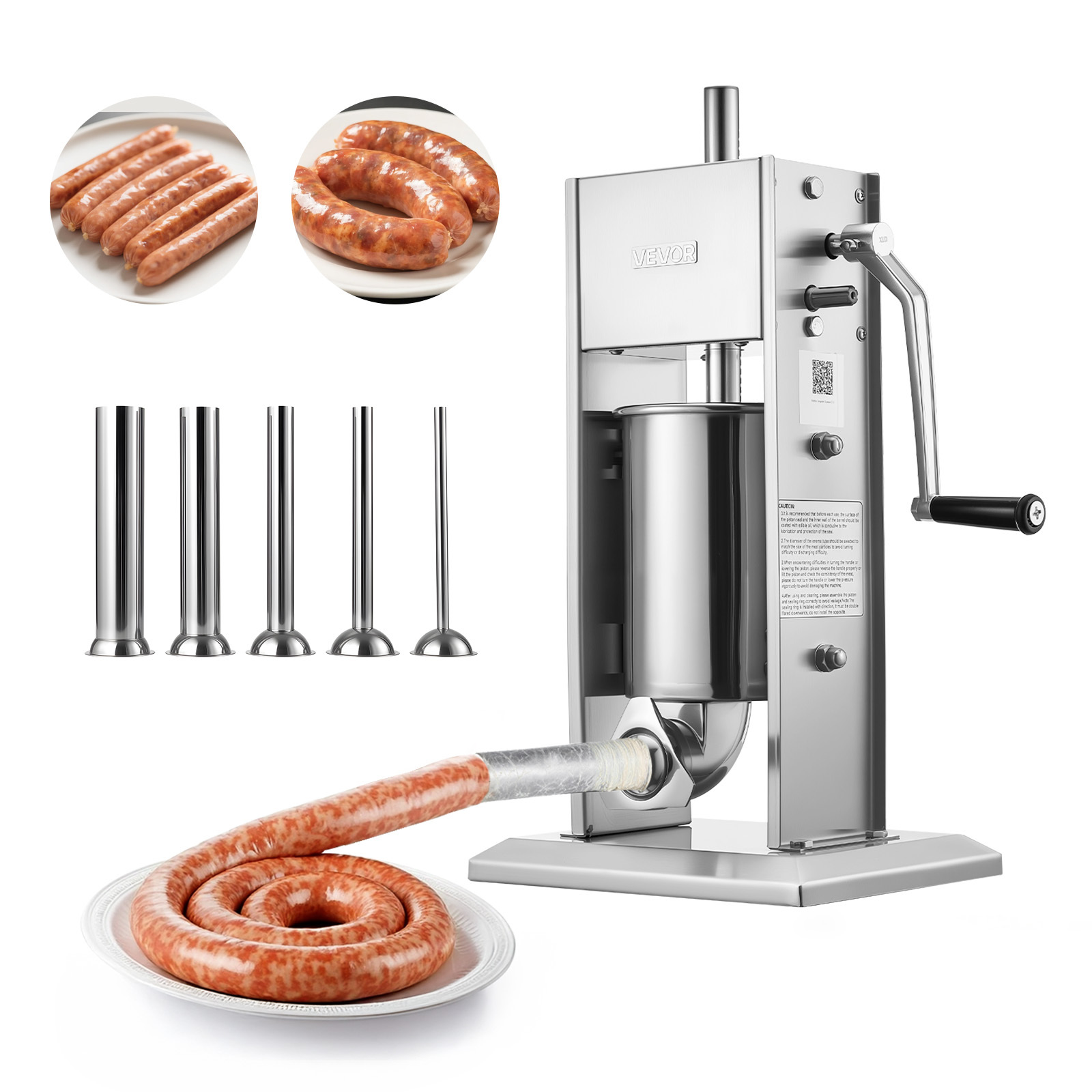 Image of Vevor Manual Sausage Stuffer, 7 Lbs / 3 L Vertical Meat Stuffer, Heavy Duty Sausage Casing Meat Stuffing Machine, Dual-speed Stainless Steel Filler With 5 Filling Tubes, For Commercial And Home Use