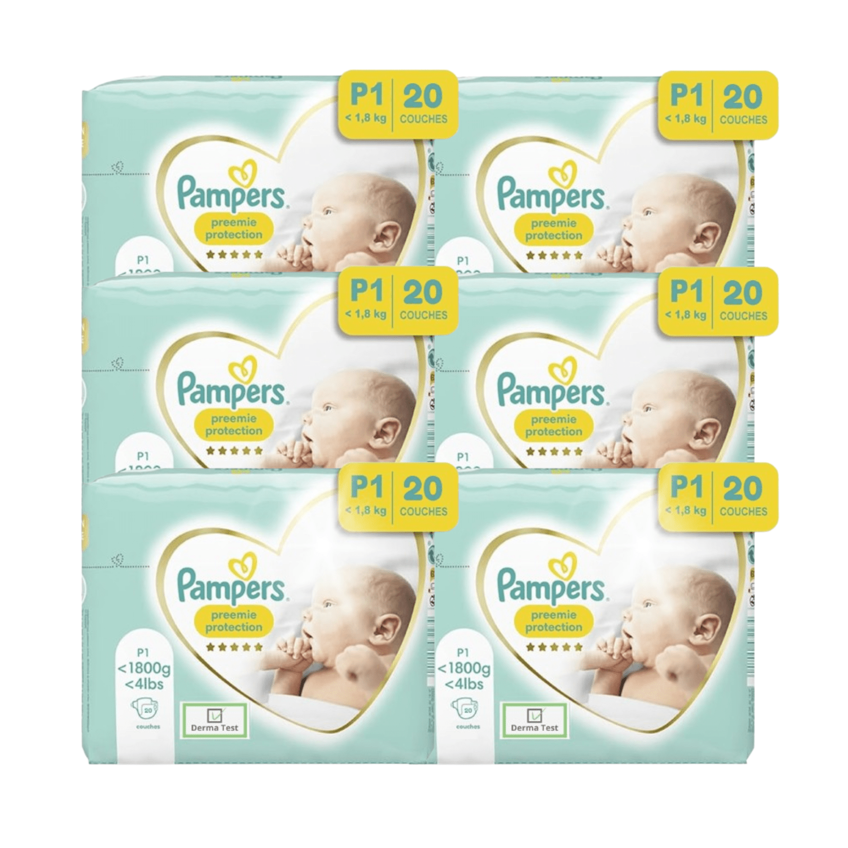 TEMU PACK - Lot de 6 Pampers Couches Prématuré P1 – Protection Nouveau-Né, 120 Couches