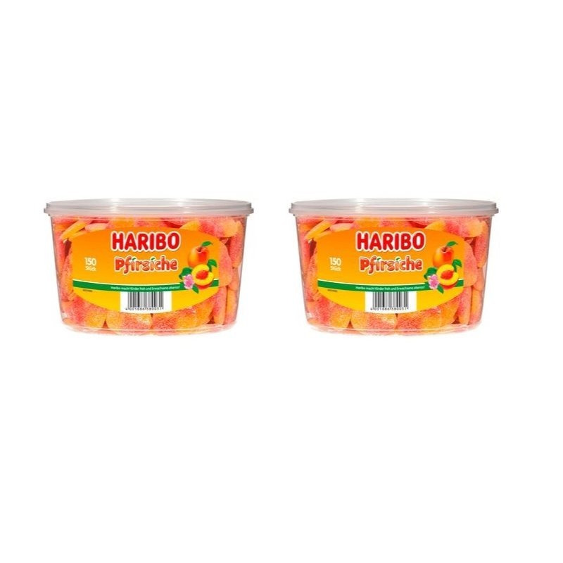Image of 2 Cans Of Haribo Peaches, 150 Pieces, 1350g Veggie Fruit Gummies