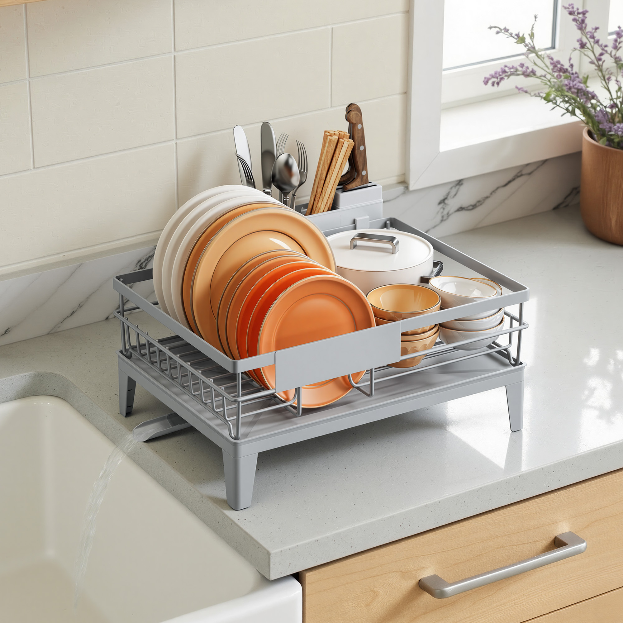 Image of Storage Cutlery Holder, 31 X 42 X Cm, Kitchen Drain Stand, Dish Drain Stand, 360° Rotatable And Retractable, Drip Tray, Cutlery Holder, Kitchen