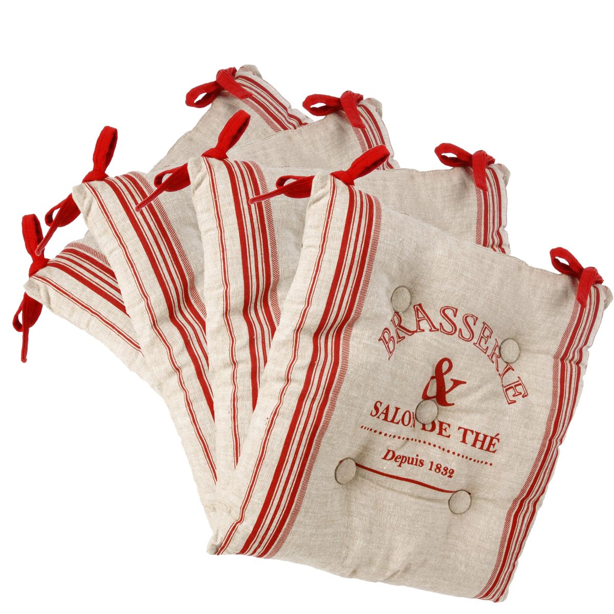 Set Of 4 Padded Chair Cushions With Ties - 40 X 40 Cm - Bistro Style - Linen And Red Color