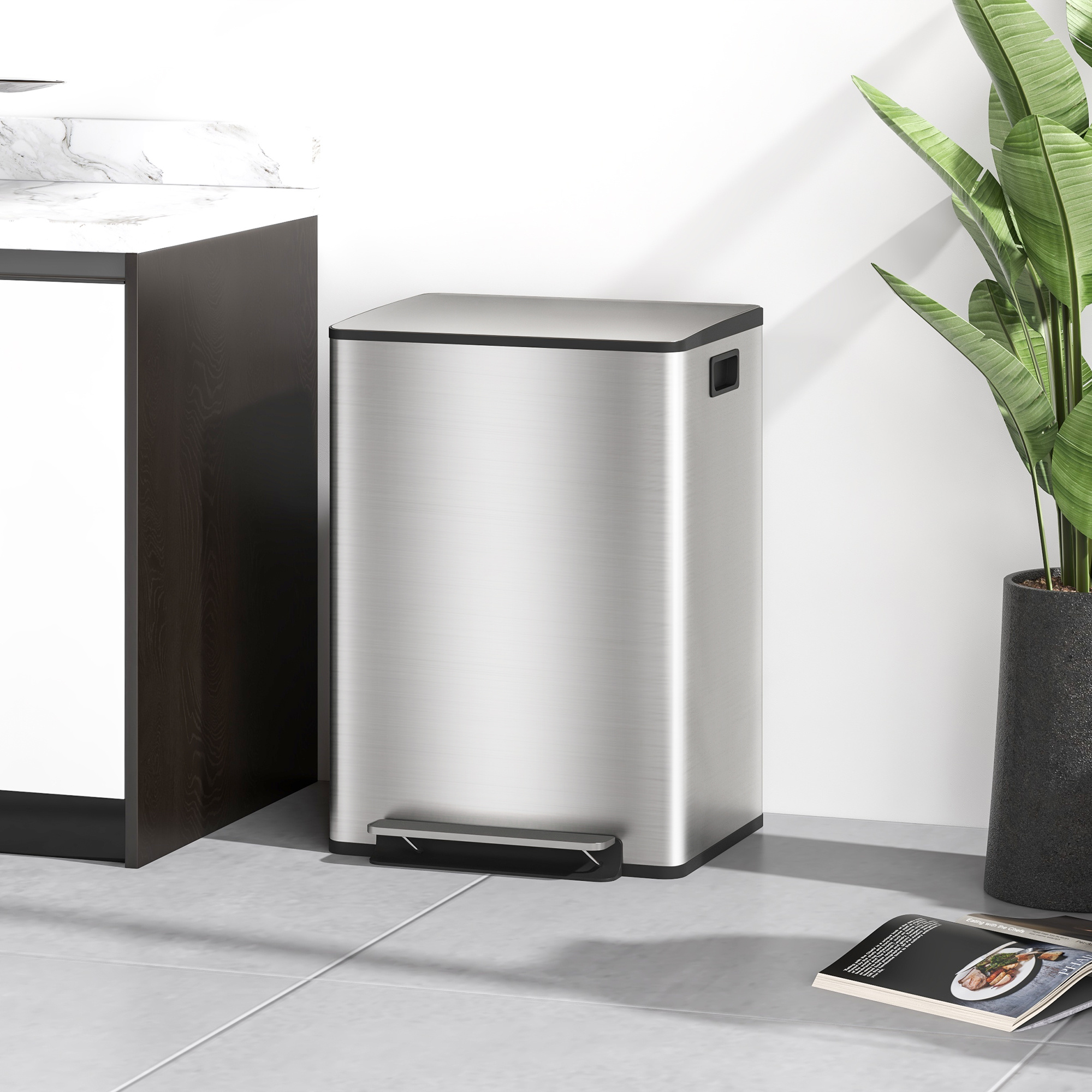 Image of Trash Can Kitchen 2x30l Step Trash Can With Lid Pedal Fingerprint-free Stainless Steel Waste System With 2 Compartments Waste Removable Inner Bucket Silvery 47.7x37.5x66.8cm