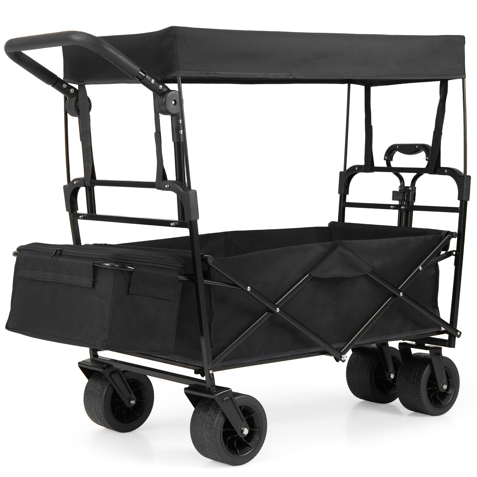 Image of Beach Cart With Wheels, Folding Cart, Removable Canopy, Basket, Adjustable Handle And , All Terrain For Garden