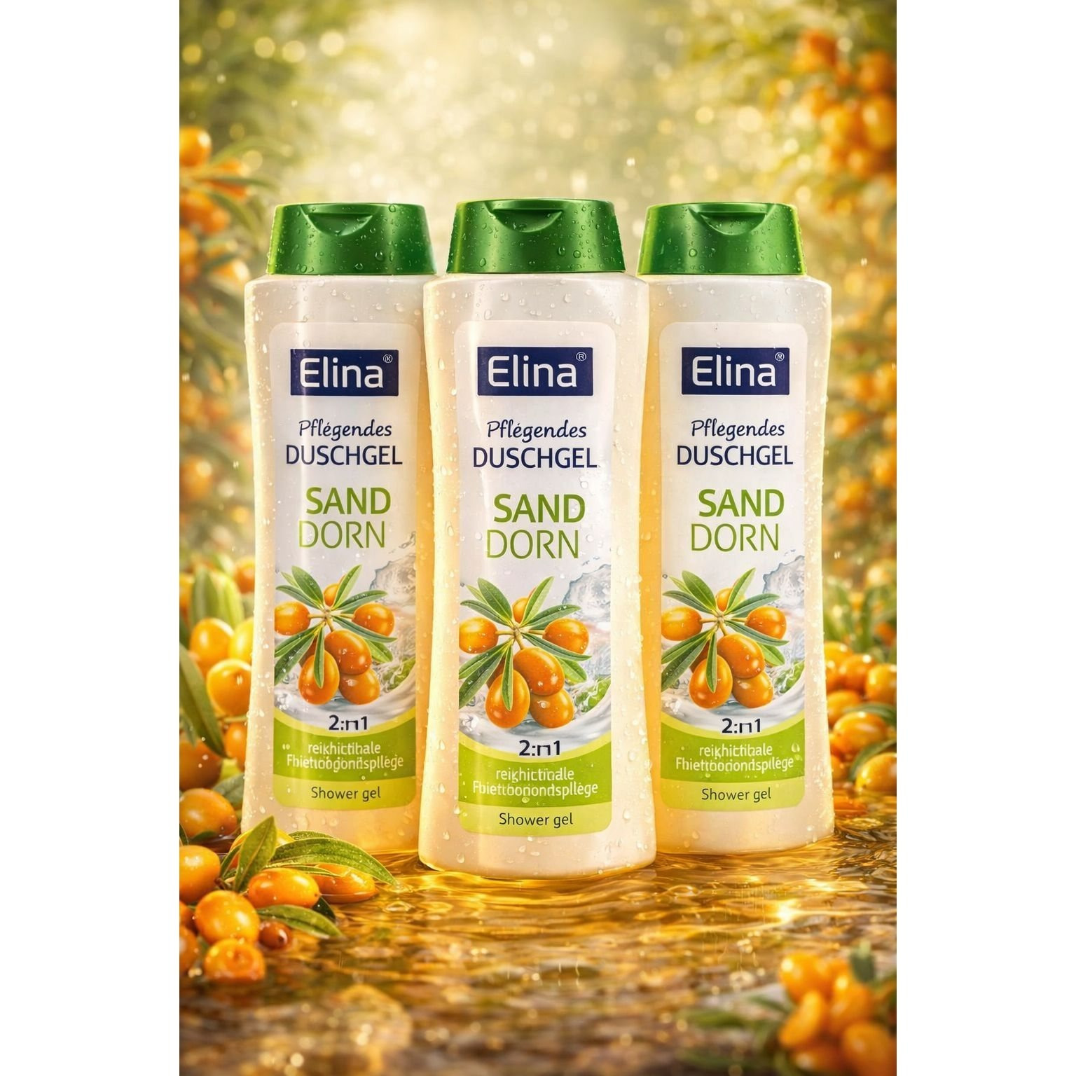 Image of Elina With Nourishing Sea Buckthorn Shower Gel 3x250ml, Rich Moisturizing Care For Stressed Skin, Gentle And Regenerating