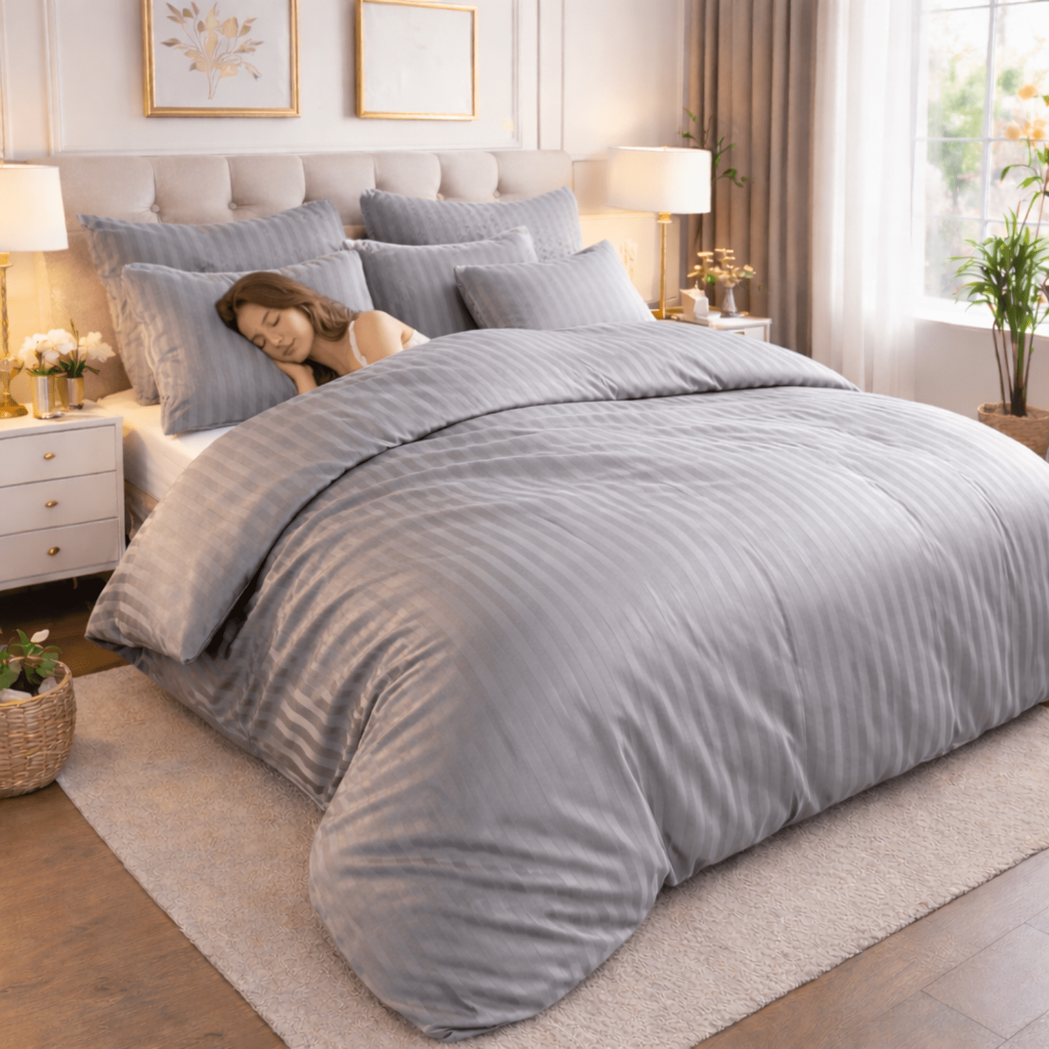 TEMU Luxurious Quality Egyptian Stripe Duvet/quilt Cover Bedding Set With Pillowcases All Sizes Bedding Set - 3pcs Hypoallergenic Satin Stripes