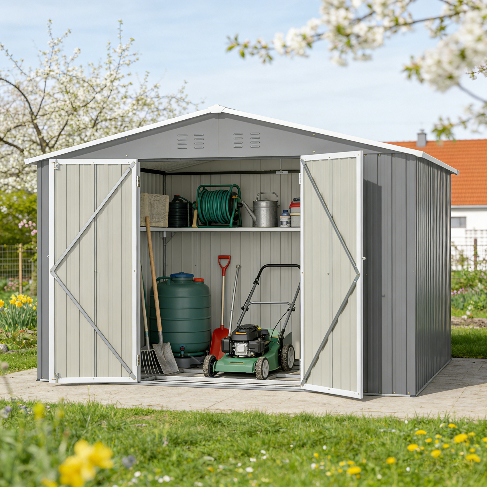 Metal Tool Shed With Foundation | 290 × 240 Cm - Garden Shed, Gear Shed, Gable Roof, Temporary And Removable