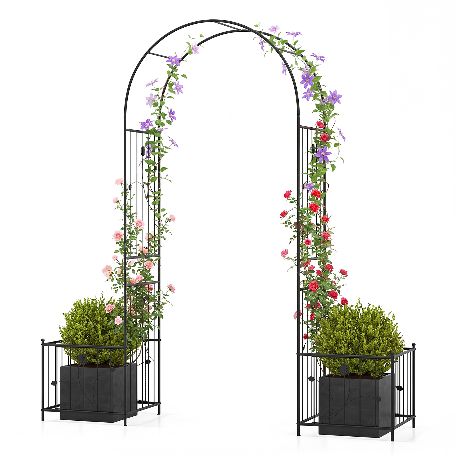 Image of Metal Garden With Planter Boxes, Arch Trellis With Ground Stakes For Climbing Plants, Roses, Vines, Heavy-duty Outdoor Archway For Wedding