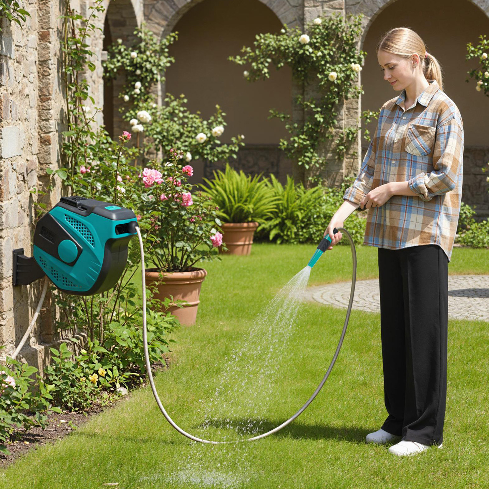 Image of Retractable Garden Hose Reel, 20 Hose W/2 M Lead In Hose, Wall Mount Kits, 180° , Spray Nozzle, Automatic Slow Return Hose Reel For Garden, Patio, Yard, Lawn