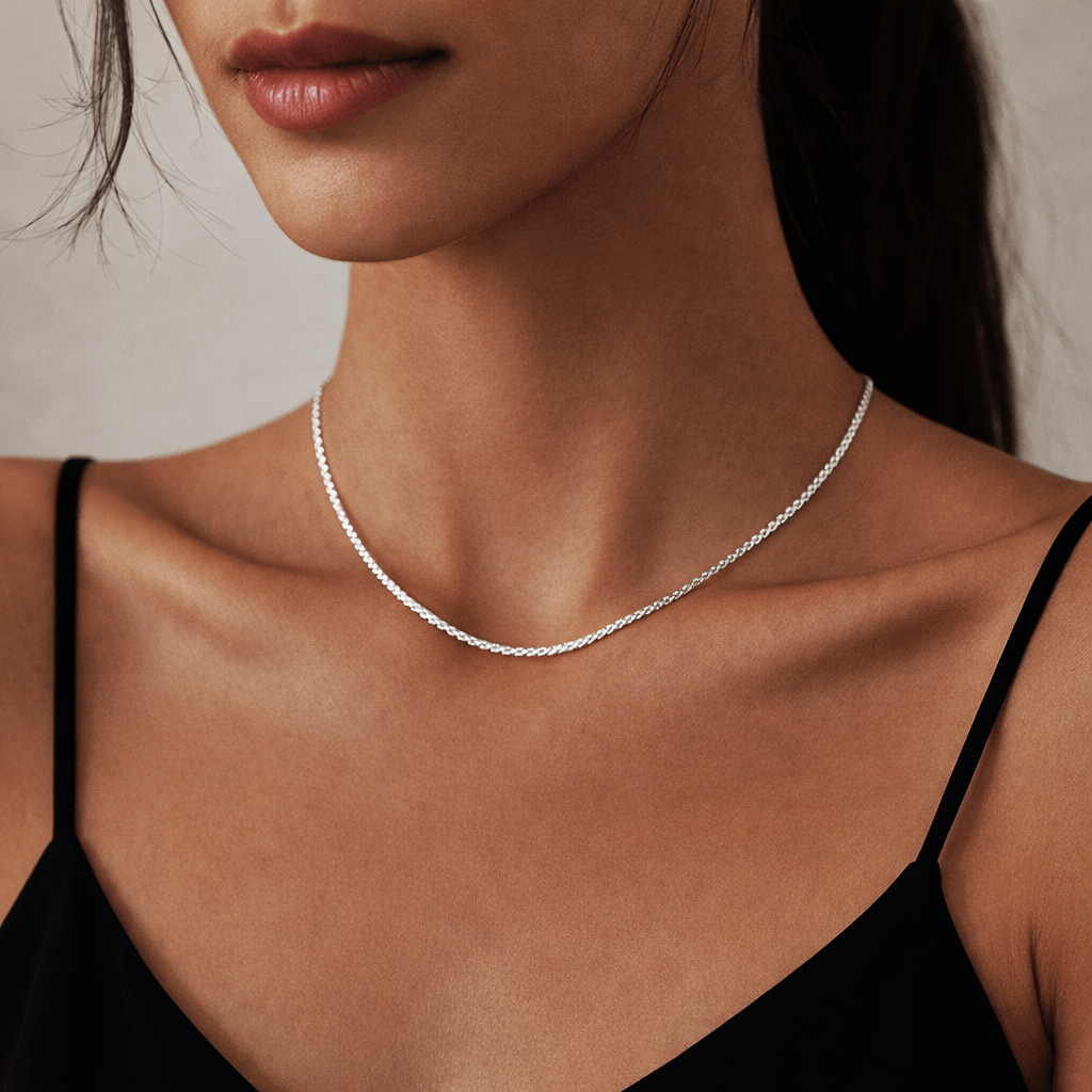 Image of Ladies' Necklace 925 Silver Plated - Link Chain With Carabiner Clasp, Elegant & Jewelry For Everyday And Occasion