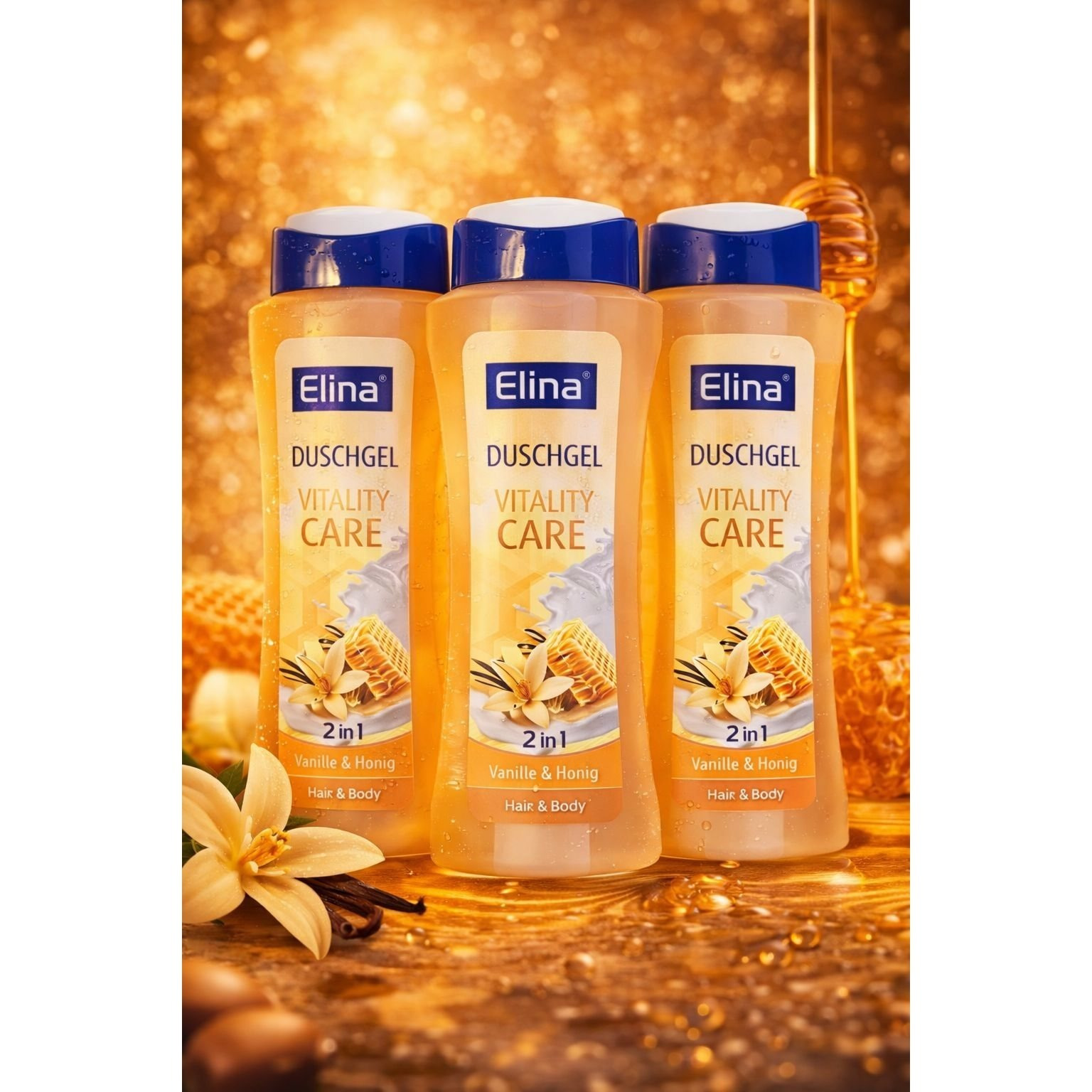 Image of Elina Shower Gel With Vanilla & Honey, 3x300ml, 2-in-1 Shampoo For Hair & Body, Refreshing And