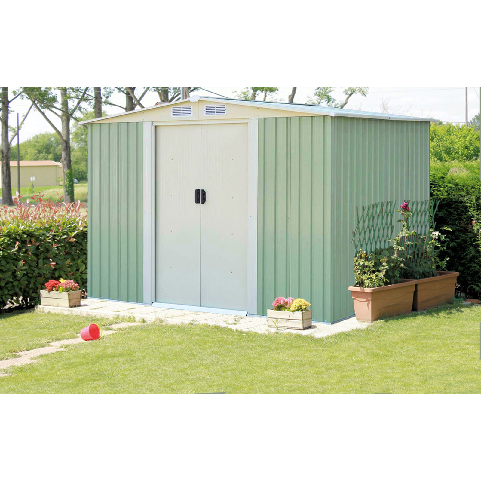 Image of Garden Metal Storage Shed, Outdoor Storage House With Roof & 2 Sliding Doors & 4 Air Vents, Galvanized Storage Organizer, Bike Shed/tool Shed For Patio, Backyard, Lawn, 257 X 205 X 176 Cm