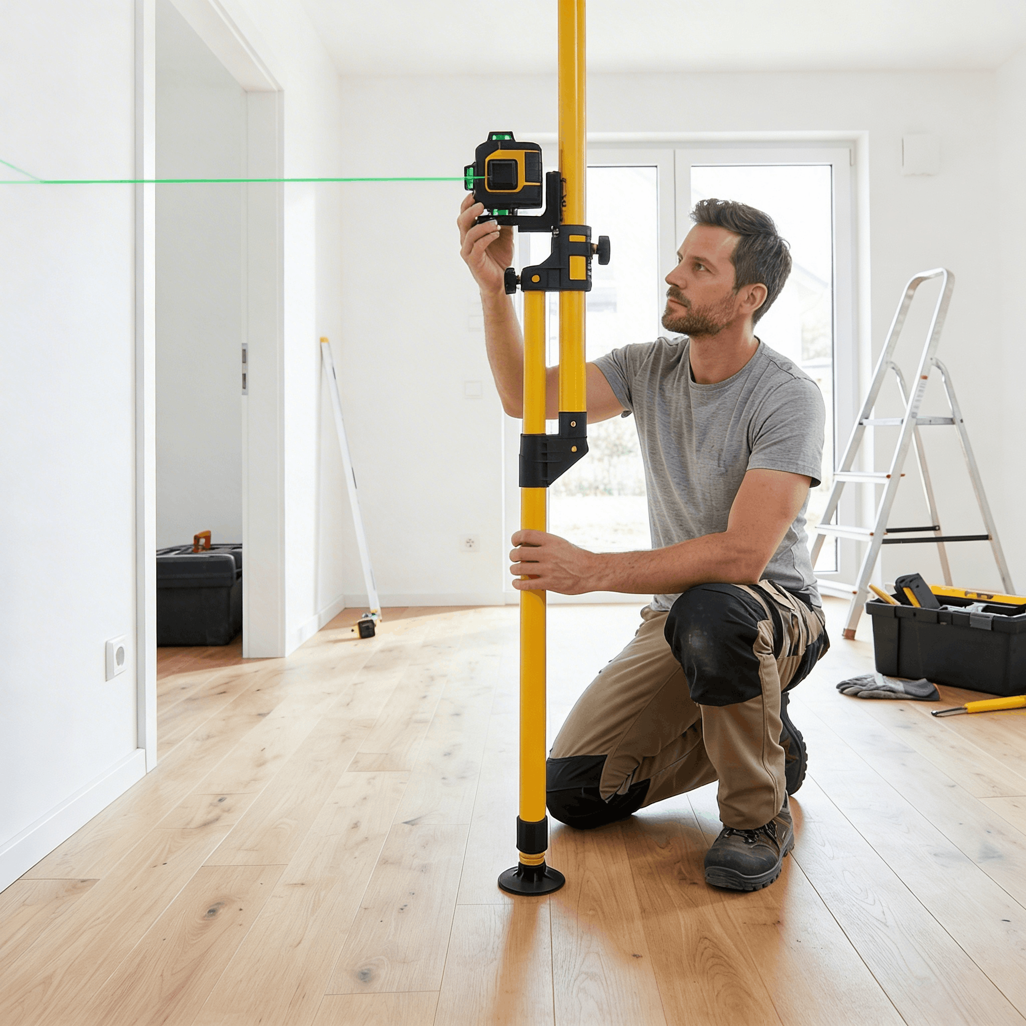 statyw do poziomicy laserowej 300cm, pręt napinający od podłogi do sufitu, obrotowy uchwyt 360°, samozaciskowy mechanizm blokujący bez użycia narzędzi, uniwersalny   do laserów krzyżowych i obrotowych, kompletny zestaw