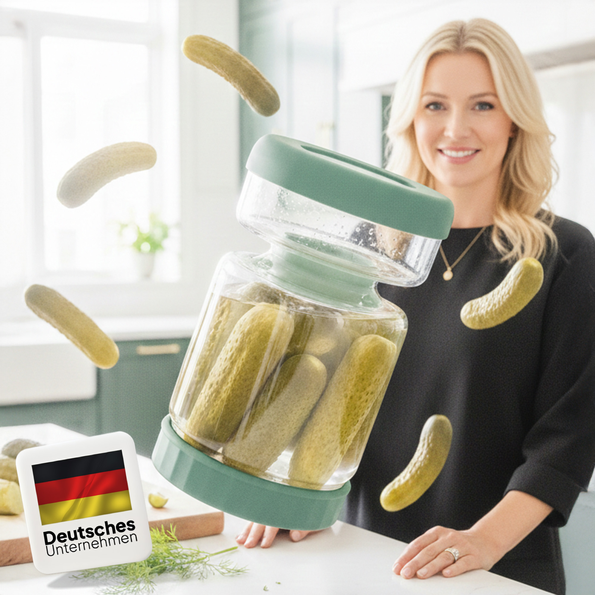 E-shop Einmachglas 1l, Gurkenglas zum umdrehen, Einlegglas mit Sieb für Oliven, Gurken, Auslaufsichere Luftdichte Deckel, Organizer Kühlschrank