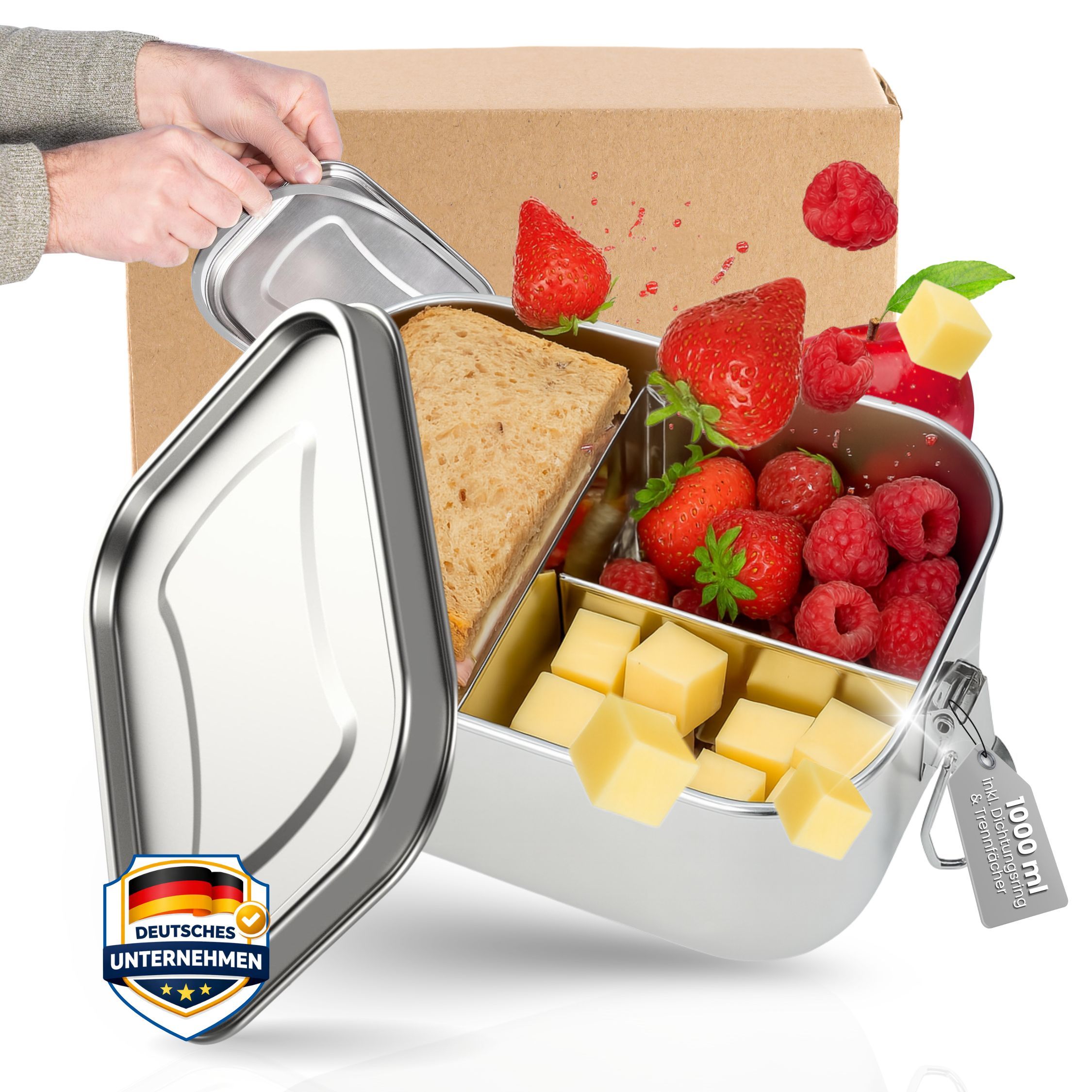 TEMU Storage Container Apart 1000 Ml - Practical Stainless Steel Bread Box With Welded Compartments, Sealing Ring And Stable Clamping Brackets -