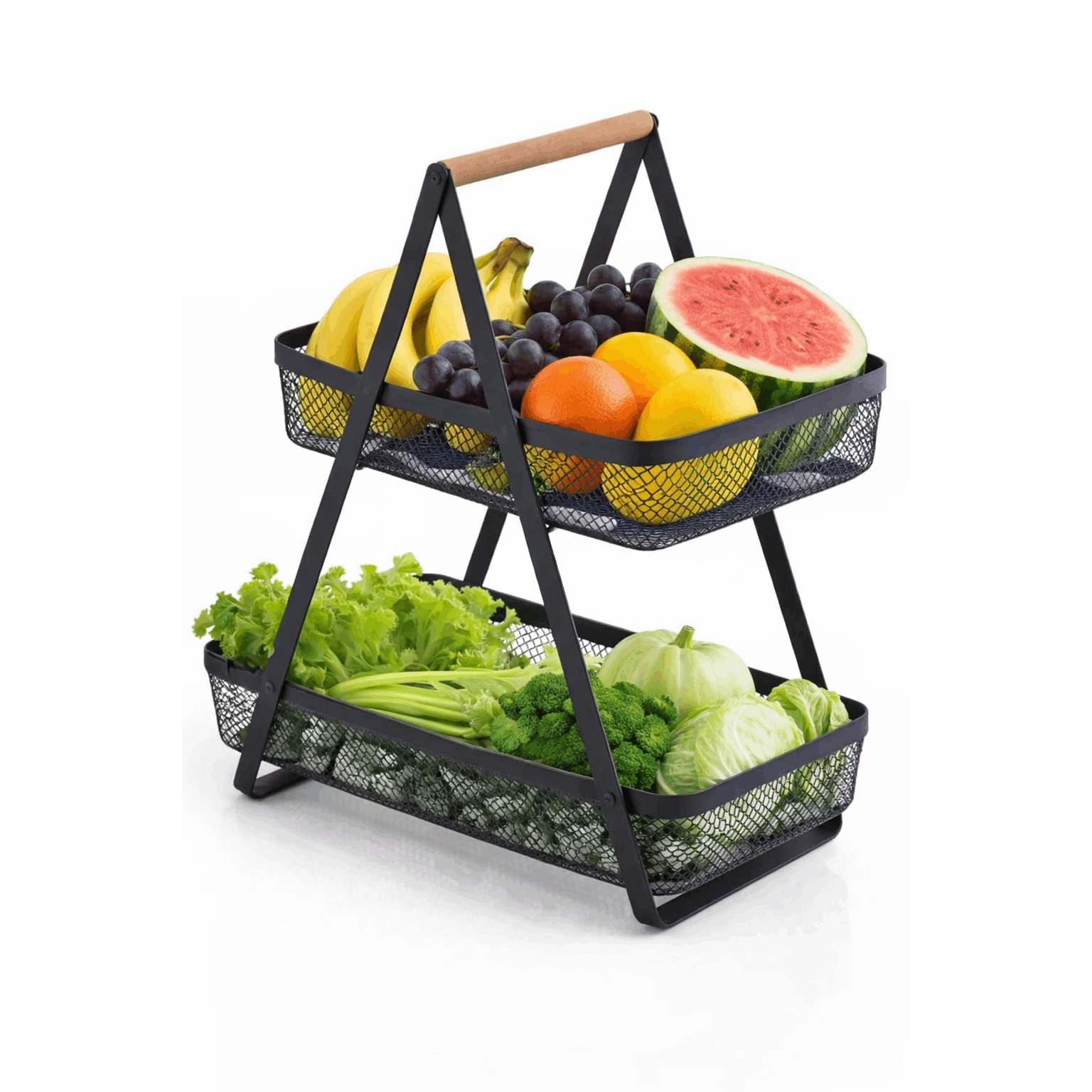 TEMU 2-tier Fruit Stand With Wooden Handle – Metal Mesh Fruit Basket For Kitchen Counter, Vegetable & Bread Storage Rack, Modern Decorative Produce