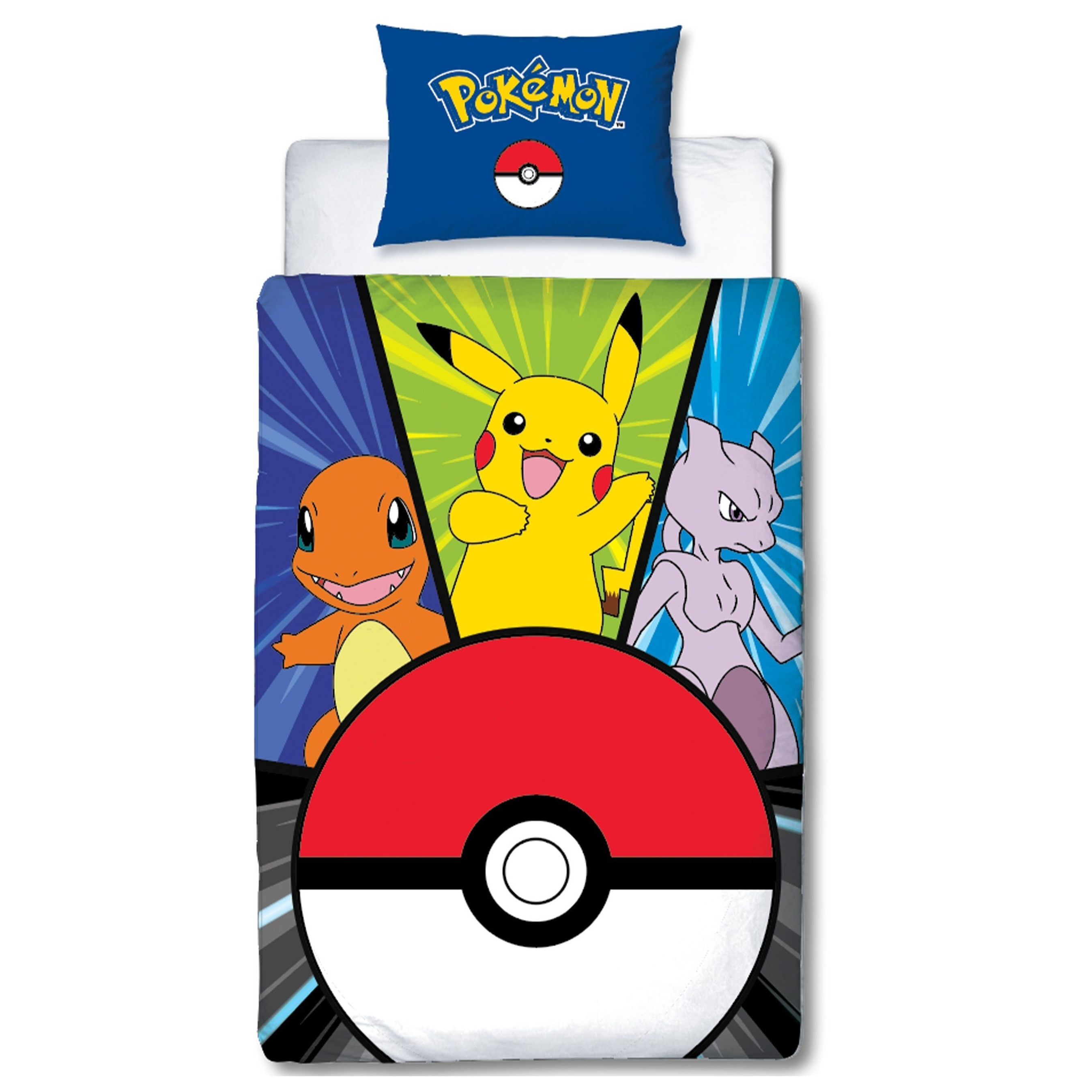 Image of Pokémon, Children's Bedding Set For Single Bed, Pikachu Ball Pattern, 2pcs Reversible Duvet Cover 140x200 Cm And Pillowcase 63x63 Cm