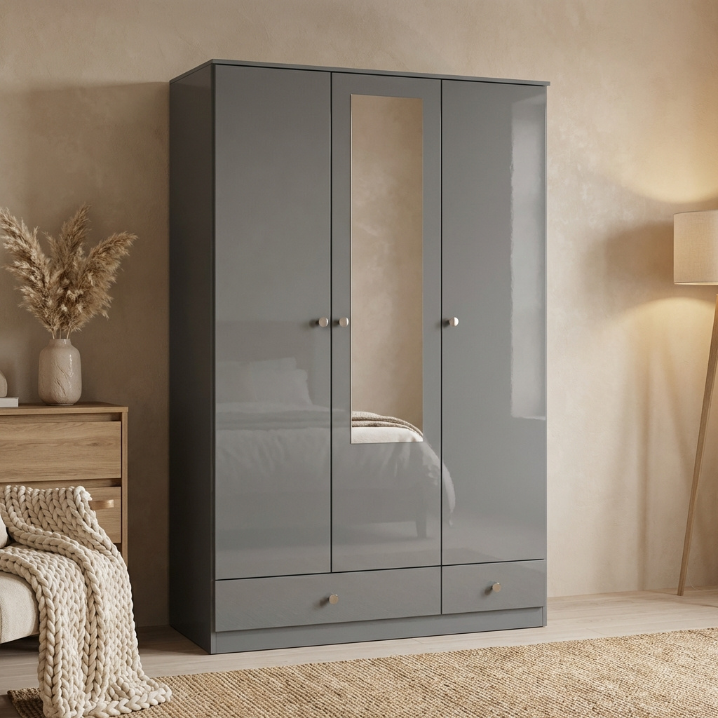 TEMU Grey Gloss 3 Door 2 Drawer Mirrored Triple Wardrobe Bedroom Furniture Storage Hanging Rail